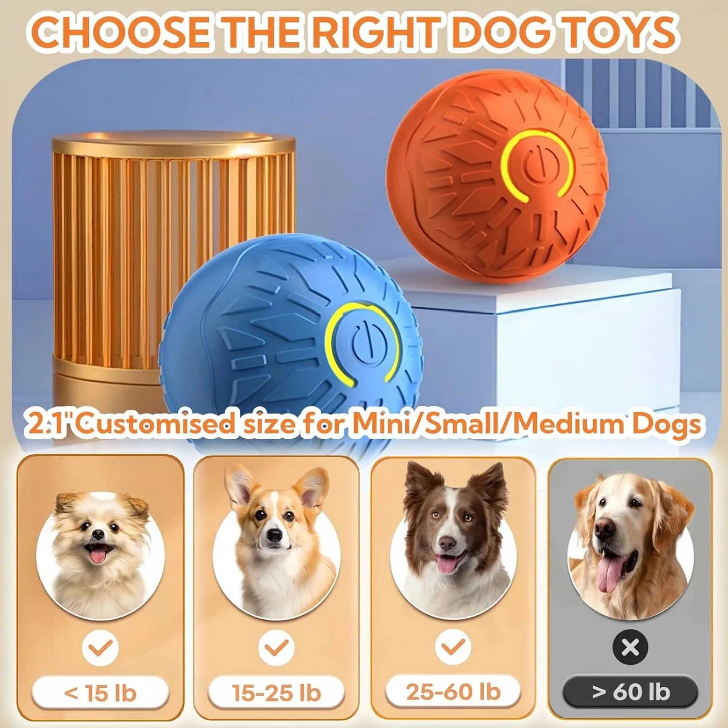 2025 New Interactive Dog Toys Dog Balls,Durable Motion Activated Automatic Rolling Ball Toys for/Small/Medium Dogs(Orange Blue)