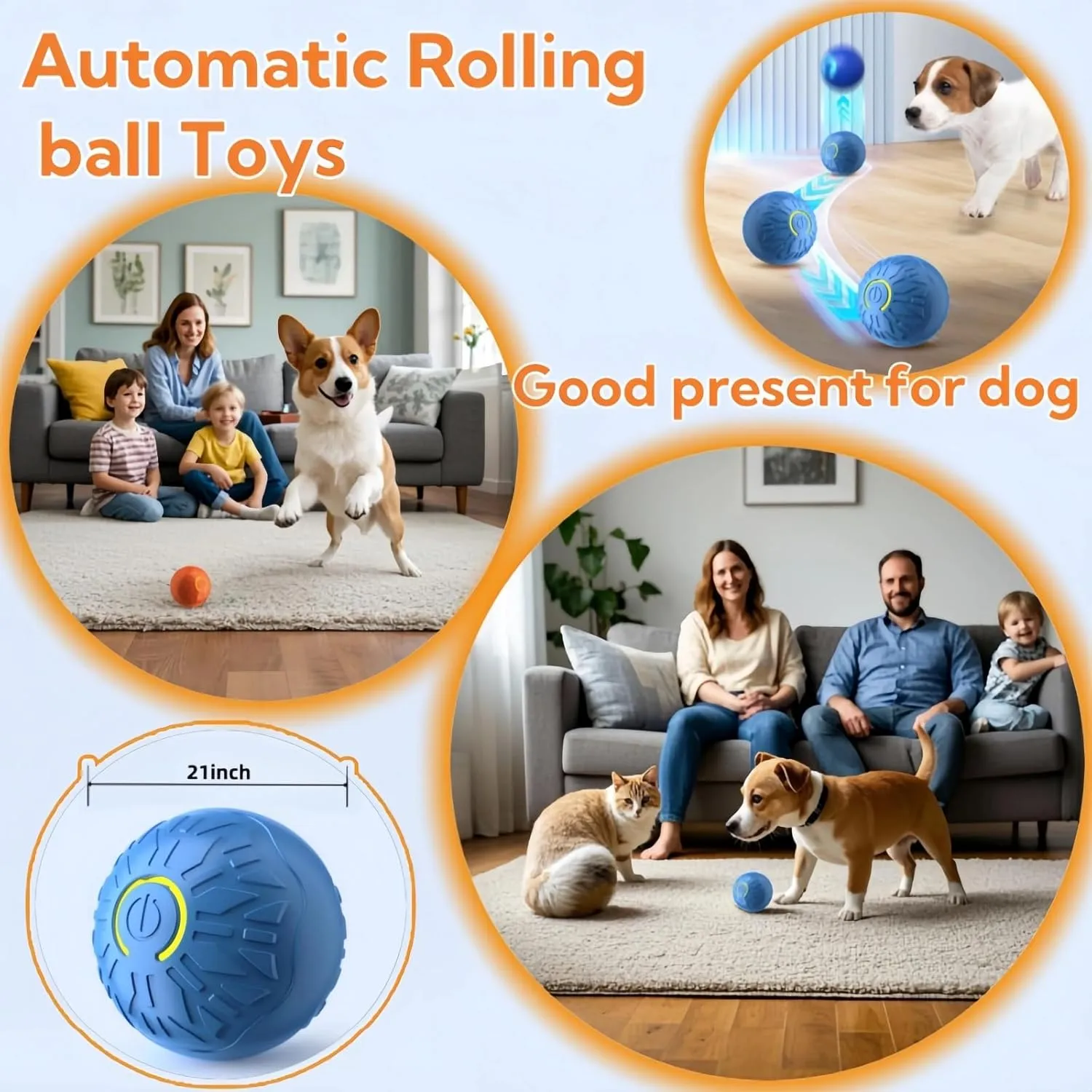 2025 New Interactive Dog Toys Dog Balls,Durable Motion Activated Automatic Rolling Ball Toys for/Small/Medium Dogs(Orange Blue)