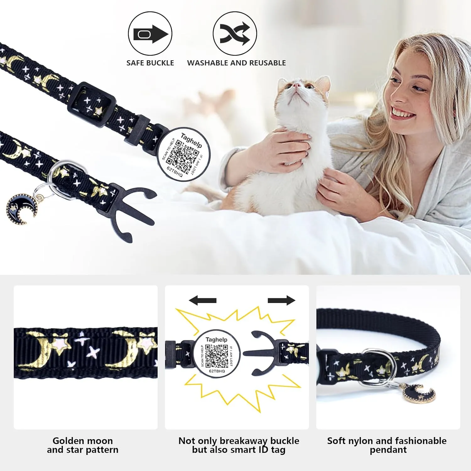 2PCS Breakaway Cat Collars with QR Code Bell Moons Stars Cute Kitty Adjustable Safe Kitten Collars with Pendant Glow in The Dark. Smart ID tag.Real-time scan alerts (Purple&Pink)
