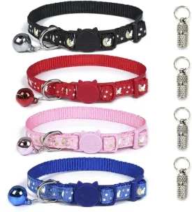 4 Pack Reflective Breakaway Cat Collar with Bell and ID Tag Pendant Cute Nylon Pet Collar with Safety Buckles, for Kittens Puppies Small Animals, Glow in The Dark, Adjustable Length 9in-11in