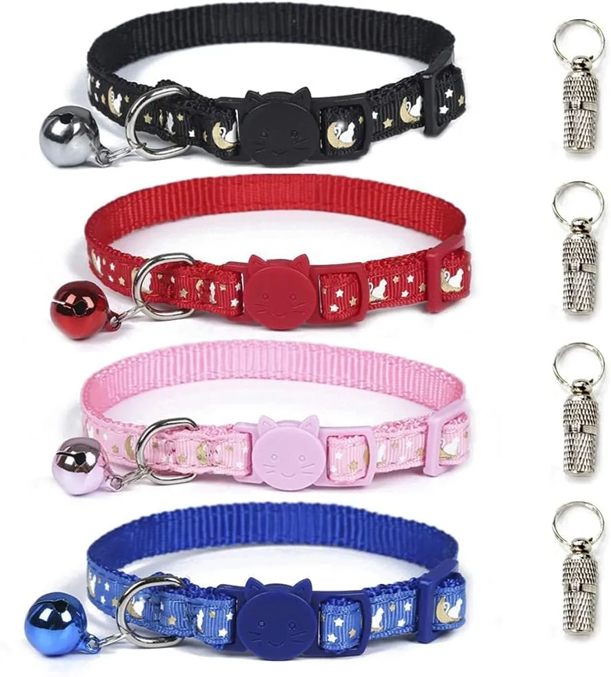 4 Pack Reflective Breakaway Cat Collar with Bell and ID Tag Pendant Cute Nylon Pet Collar with Safety Buckles, for Kittens Puppies Small Animals, Glow in The Dark, Adjustable Length 9in-11in