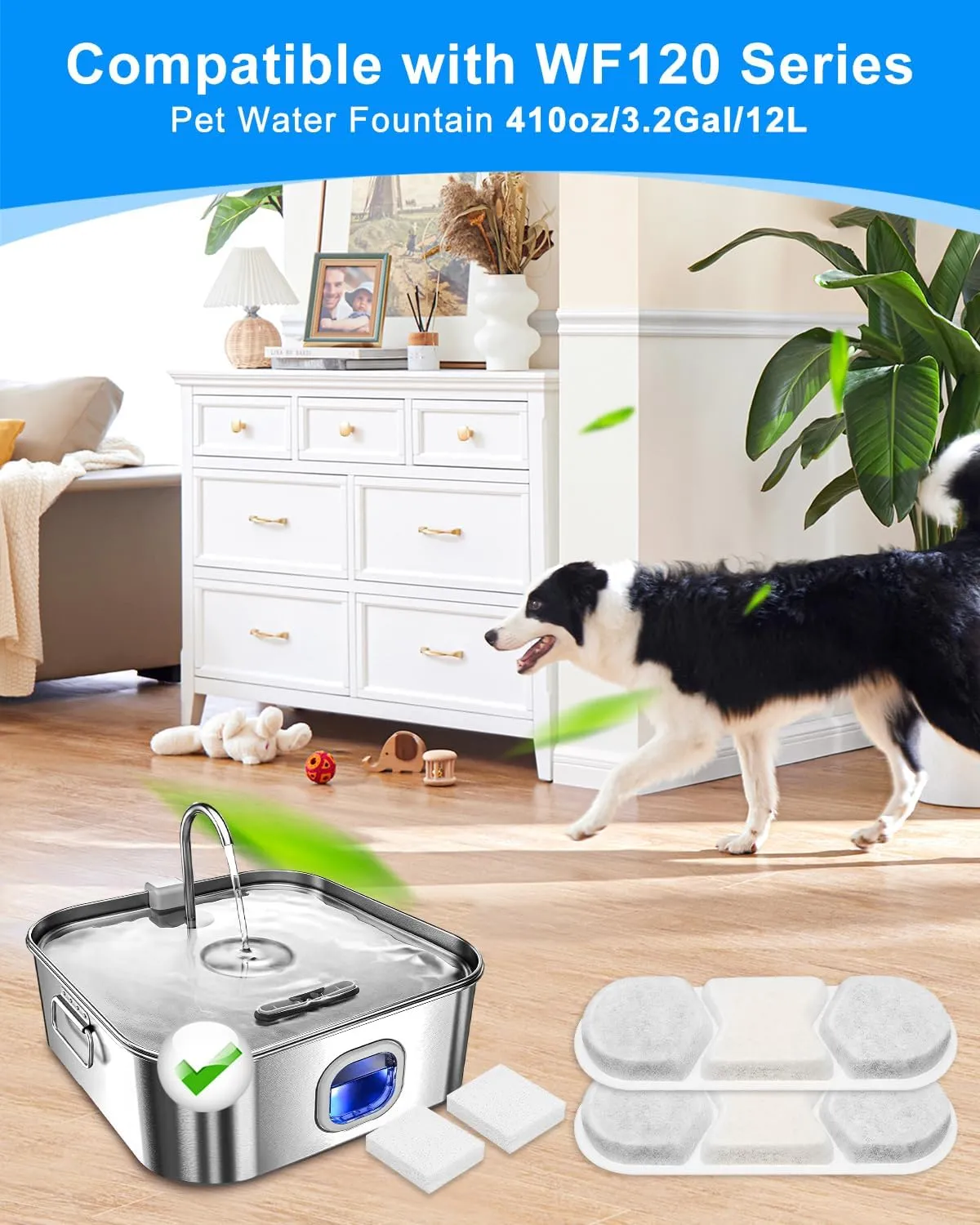 8 Pack Filter & 8 Pump Sponges Pet Water Fountain Filter Compatible with WF120 Dog Water Bowl Dispenser 410oz/3.2Gal/12L, Filters Replacement for Cat Automatic Water Fountain Stainless Steel