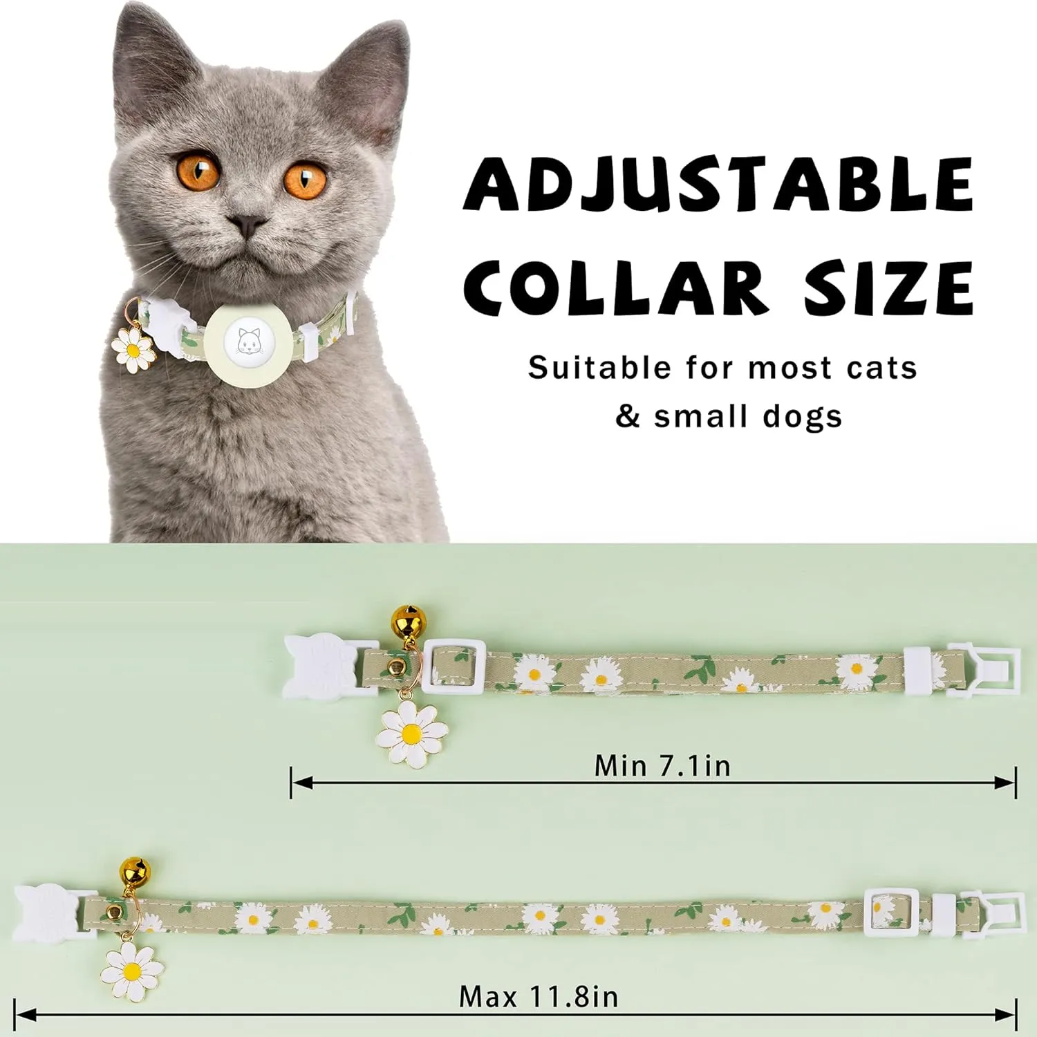 Airtag Cat Collar, JXFUKAL Kitten Collar Breakaway with Silicone Airtag Holder, Bells & Flower Charm for Girl Cats Boy Cats Small Dogs(Luminous Green)