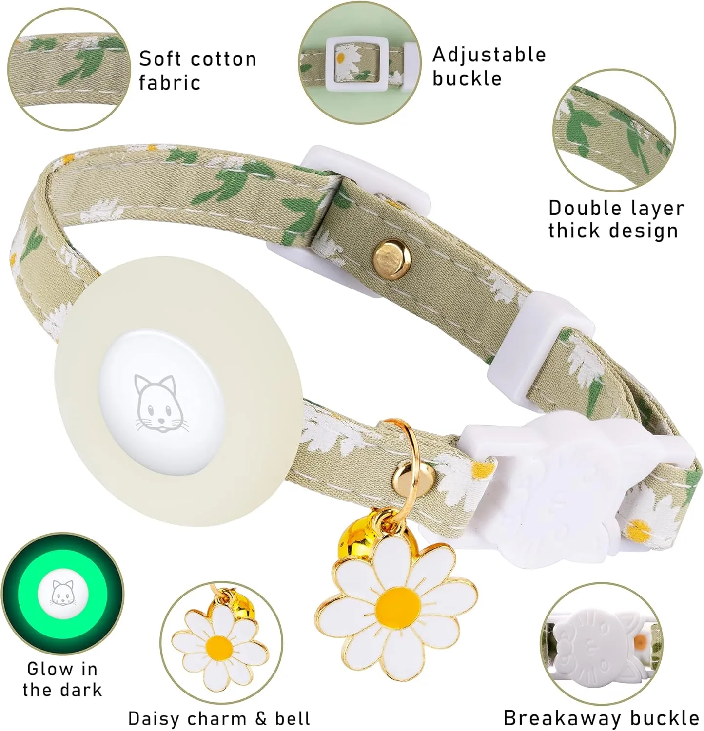 Airtag Cat Collar, JXFUKAL Kitten Collar Breakaway with Silicone Airtag Holder, Bells & Flower Charm for Girl Cats Boy Cats Small Dogs(Luminous Green)