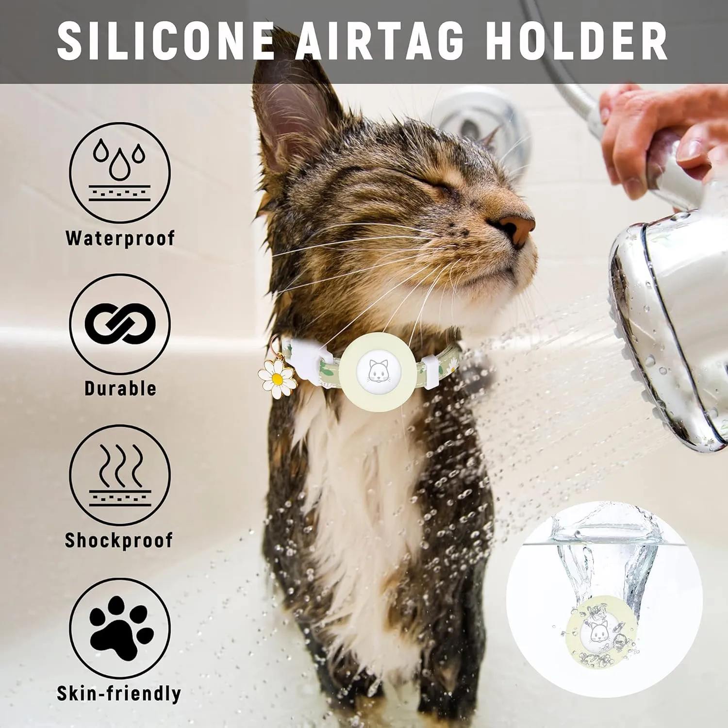 Airtag Cat Collar, JXFUKAL Kitten Collar Breakaway with Silicone Airtag Holder, Bells & Flower Charm for Girl Cats Boy Cats Small Dogs(Luminous Green)