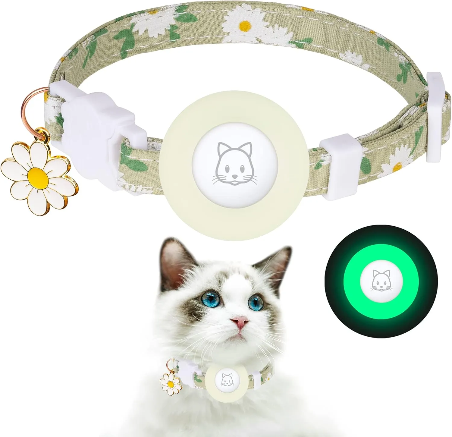 Airtag Cat Collar, JXFUKAL Kitten Collar Breakaway with Silicone Airtag Holder, Bells & Flower Charm for Girl Cats Boy Cats Small Dogs(Luminous Green)