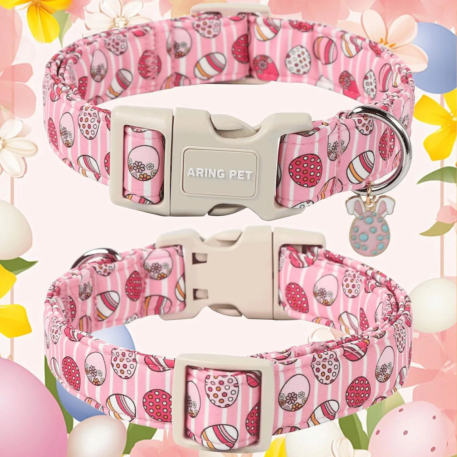 ARING PET Dog Collar - Cute Pink Striped Collar with Easter Eggs, Adjustable Quick Release Buckle for Girl & Boy Dogs