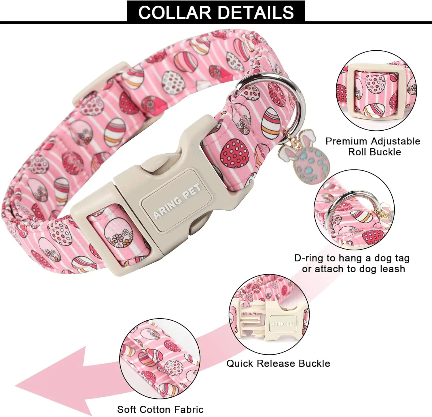 ARING PET Dog Collar - Cute Pink Striped Collar with Easter Eggs, Adjustable Quick Release Buckle for Girl & Boy Dogs
