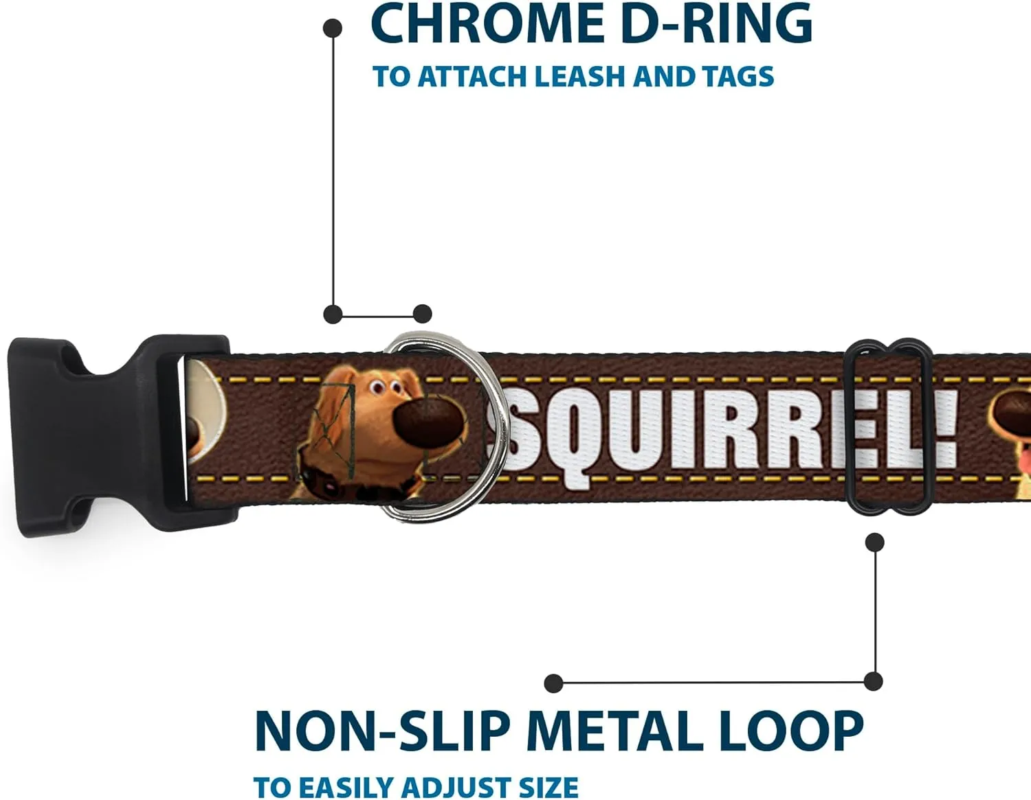 Buckle-Down Plastic Clip Collar - Dug 3-Poses/SQUIRREL! Brown/Yellow/White - 1.5" Wide - Fits 13-18" Neck - Small