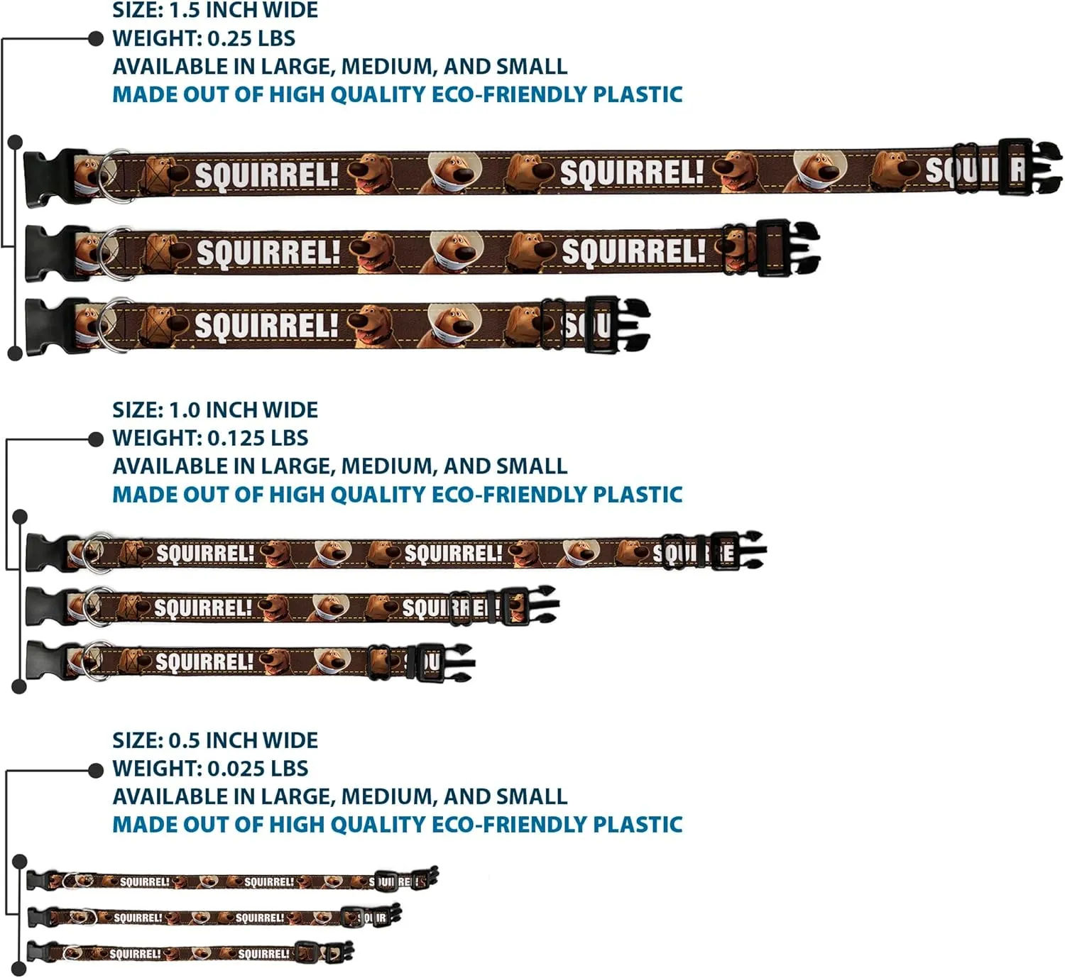 Buckle-Down Plastic Clip Collar - Dug 3-Poses/SQUIRREL! Brown/Yellow/White - 1.5" Wide - Fits 13-18" Neck - Small