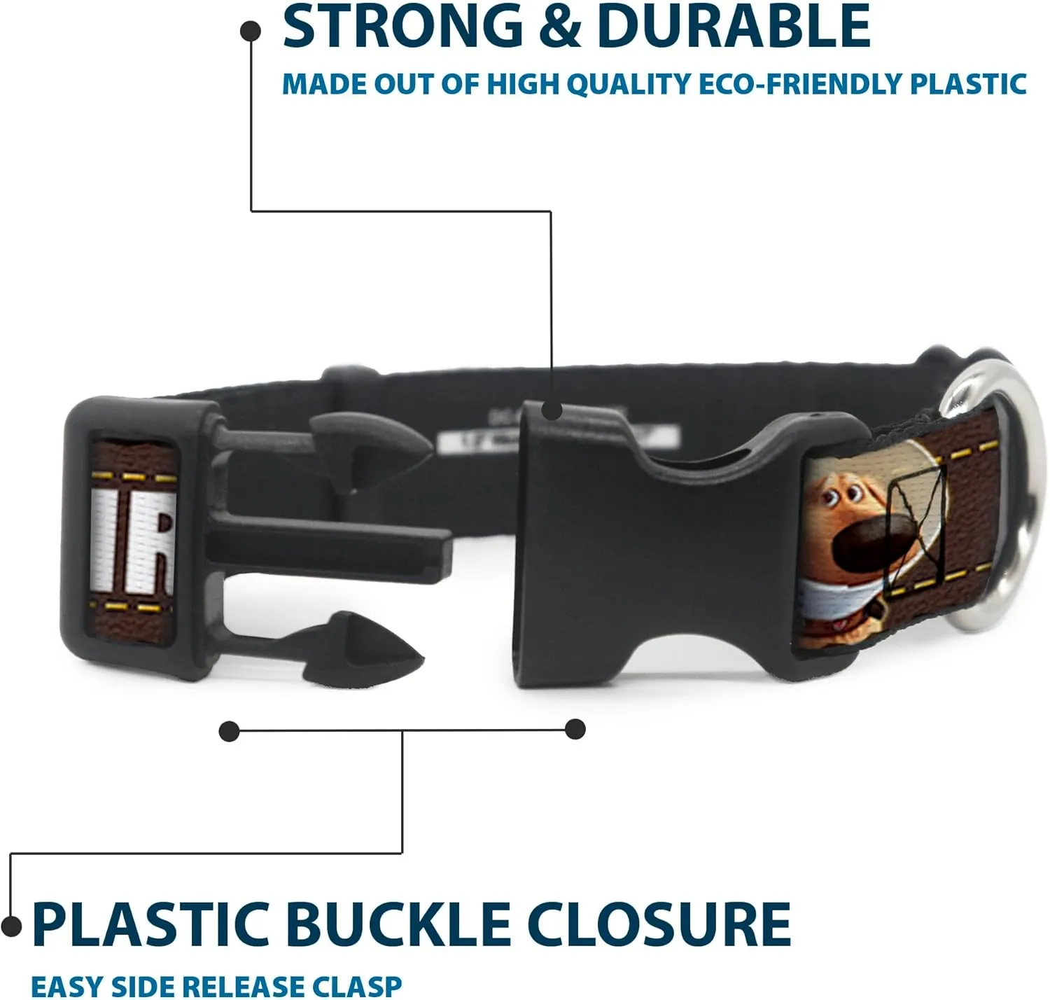 Buckle-Down Plastic Clip Collar - Dug 3-Poses/SQUIRREL! Brown/Yellow/White - 1.5" Wide - Fits 13-18" Neck - Small