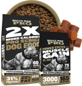 Bully Max Pro 2X High Calorie & Protein Dry Dog Food (16lb Bag) & 11-in-1 Chews for Muscle & Weight Gain Bundle for Puppy & Adult Dogs, Small & Large Breeds - Used by UKC, AKC, and ABKC Champions