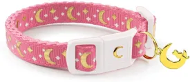 Cat Collars, Gold Moons and Stars Cat Collar, Safety Breakaway Cat Collar, Glow in The Dark (Standard 9"-15" Neck, Coral Pink)