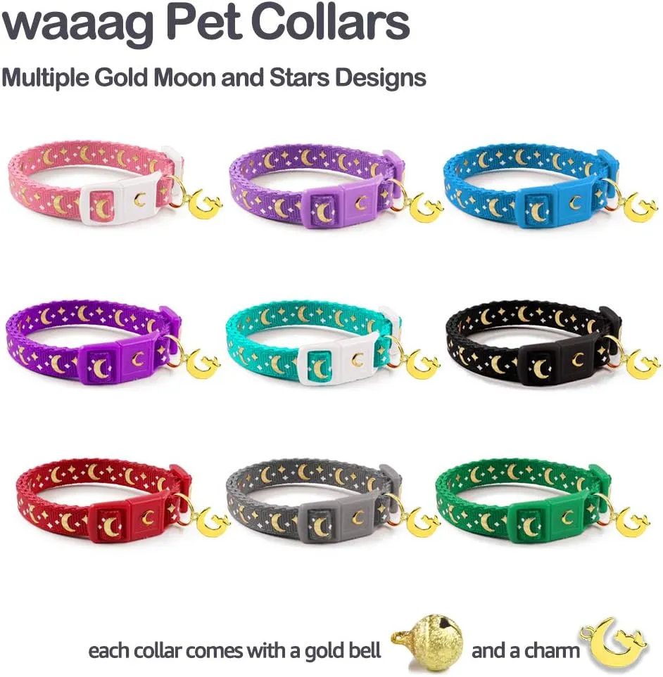 Cat Collars, Gold Moons and Stars Cat Collar, Safety Breakaway Cat Collar, Glow in The Dark (Standard 9"-15" Neck, Coral Pink)