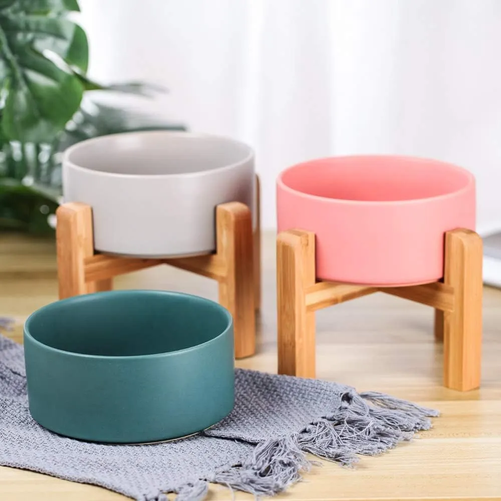 Ceramic Elevated Raised Cat Bowl with Wood Stand No Spill Pet Food Water Feeder Cats Small Dogs