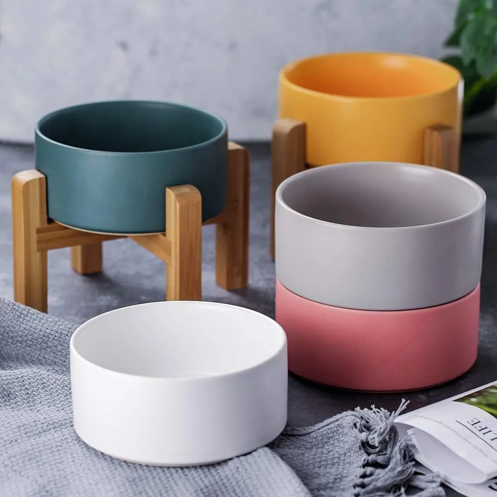 Ceramic Elevated Raised Cat Bowl with Wood Stand No Spill Pet Food Water Feeder Cats Small Dogs