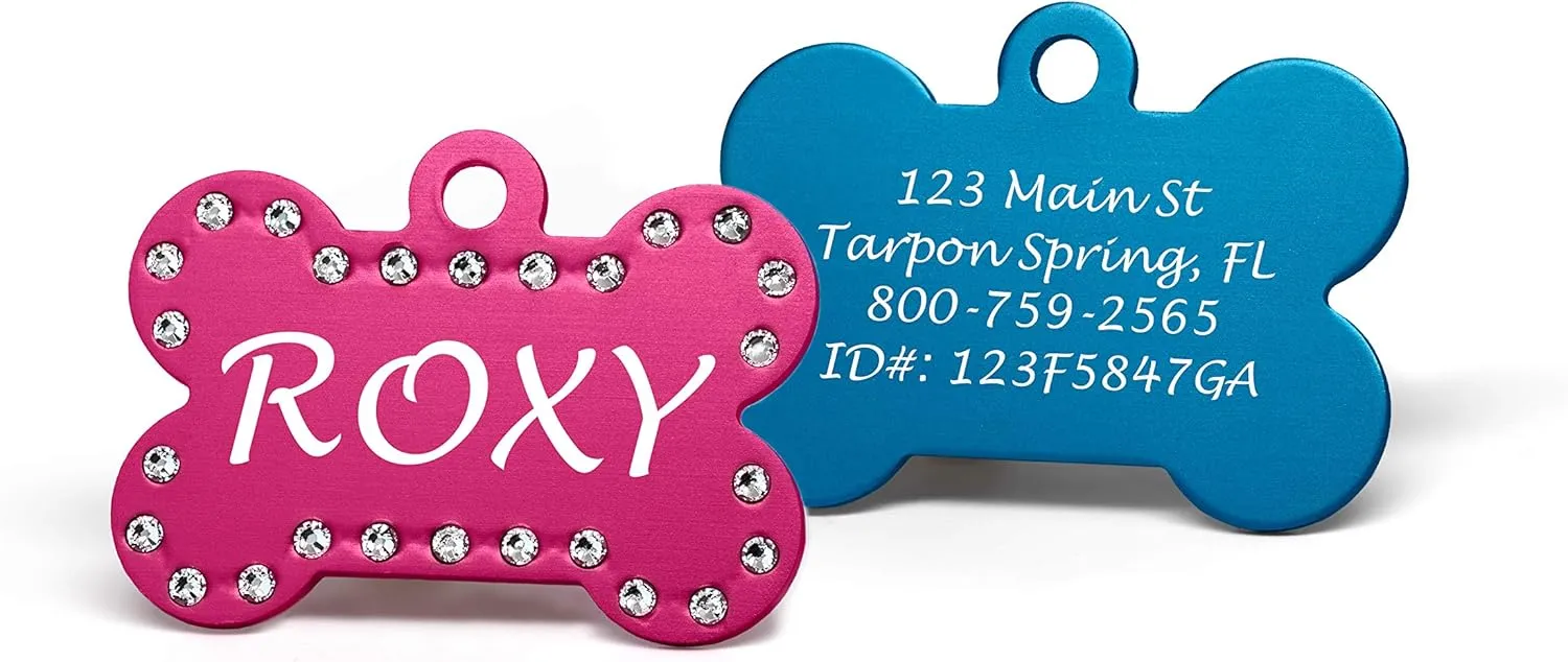 Custom Engraved Pet ID Tags with Swarovski Crystal - 1.5" Long x 1" Tall, Anodized Aluminum, Bone Shape, Red
