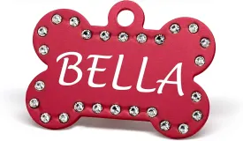 Custom Engraved Pet ID Tags with Swarovski Crystal - 1.5" Long x 1" Tall, Anodized Aluminum, Bone Shape, Red