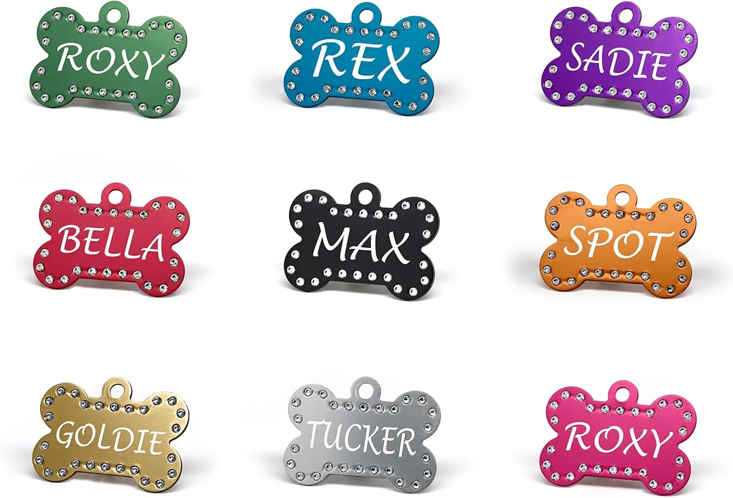Custom Engraved Pet ID Tags with Swarovski Crystal - 1.5" Long x 1" Tall, Anodized Aluminum, Bone Shape, Red