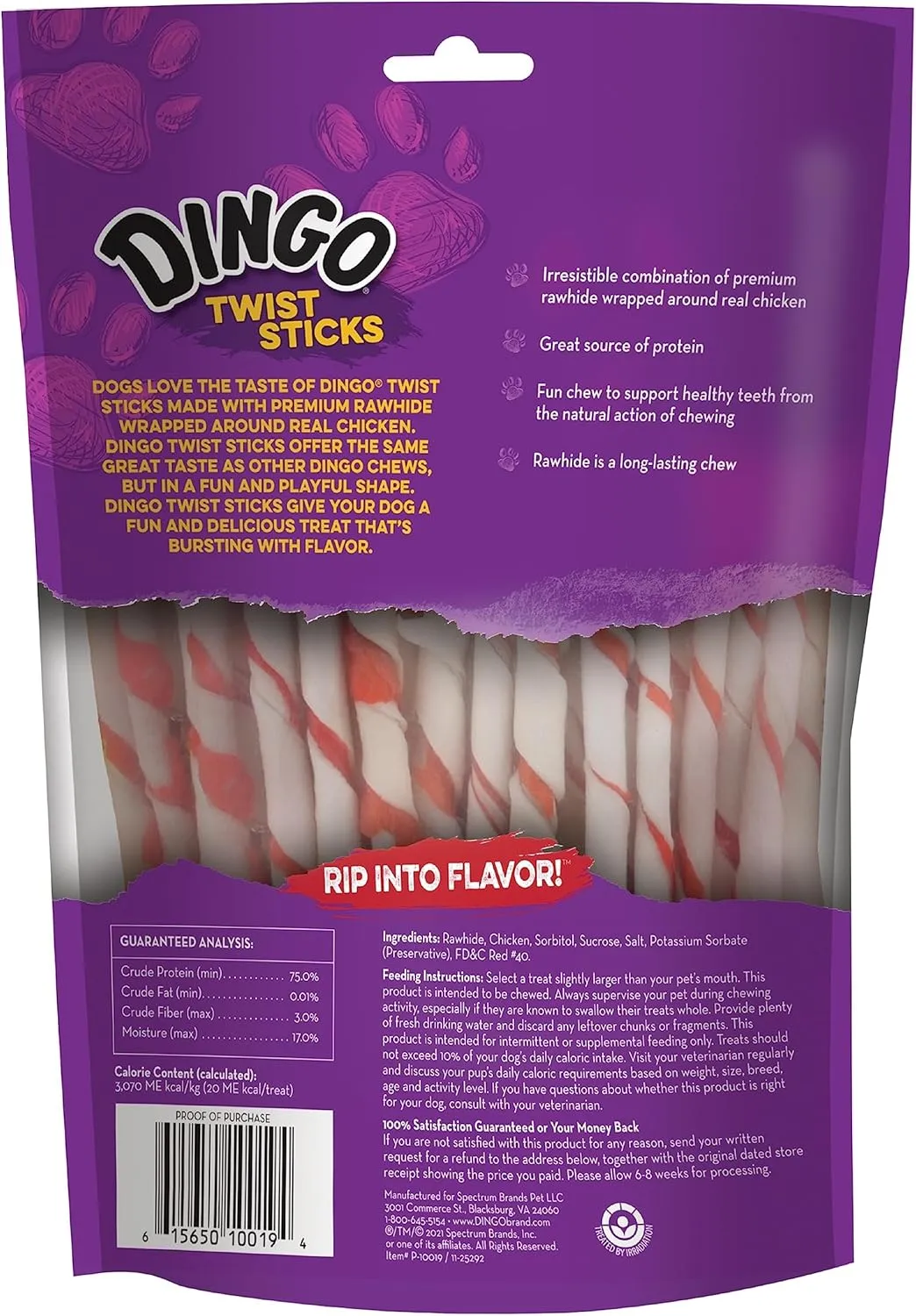 Dingo Twist Sticks, Premium Rawhide Treats for Dogs Made with Real Chicken 50-Count