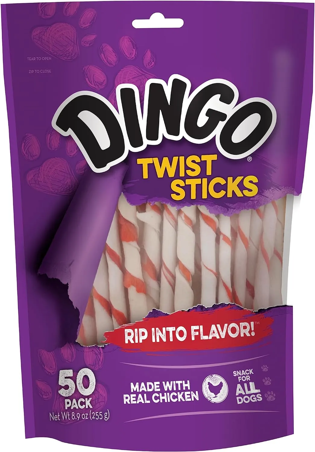 Dingo Twist Sticks, Premium Rawhide Treats for Dogs Made with Real Chicken 50-Count