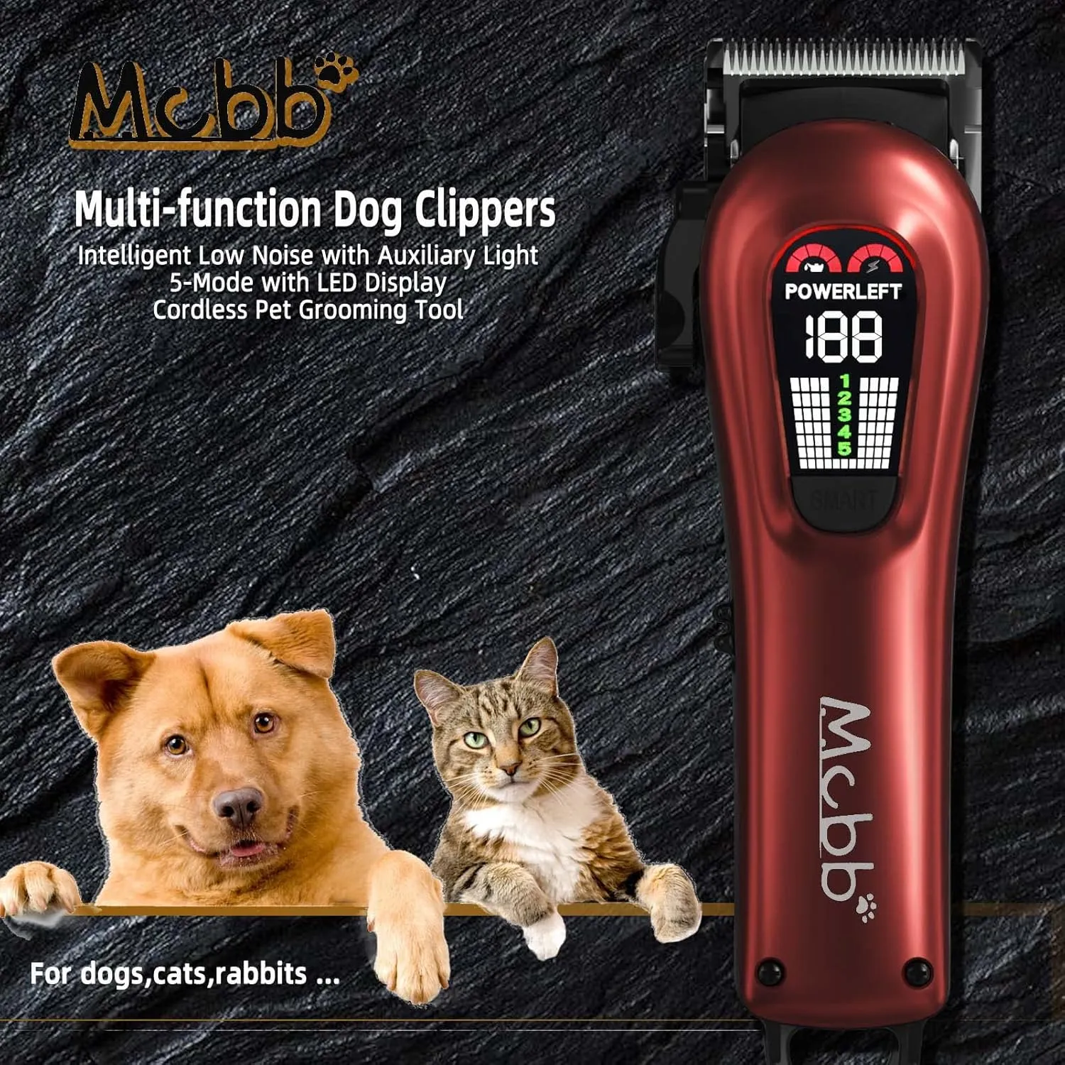 Dog Clippers- Low Noise Dog Grooming Kits 5-Mode Heavy-Duty Dog Clippers for Grooming with LED Display,Rechargeable Dog Grooming Kits, Auxiliary Light,Cordless Pet Grooming Tool