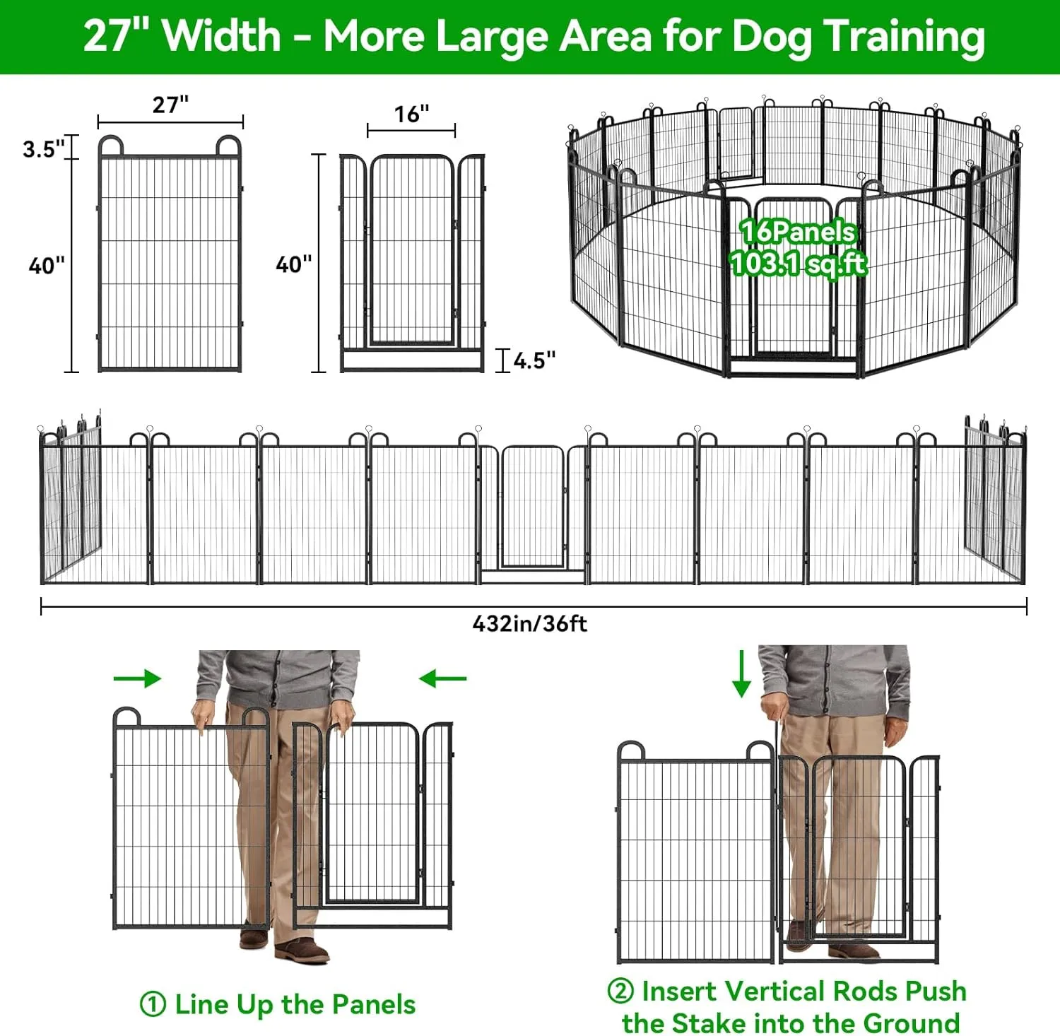 Dog Playpen Outdoor 16 Panels Heavy Duty Dog Fence 40" Height Anti-Rust with Doors Portable for RV Camping Yard, Total 36FT, 103 Sq.ft, Snowy Black
