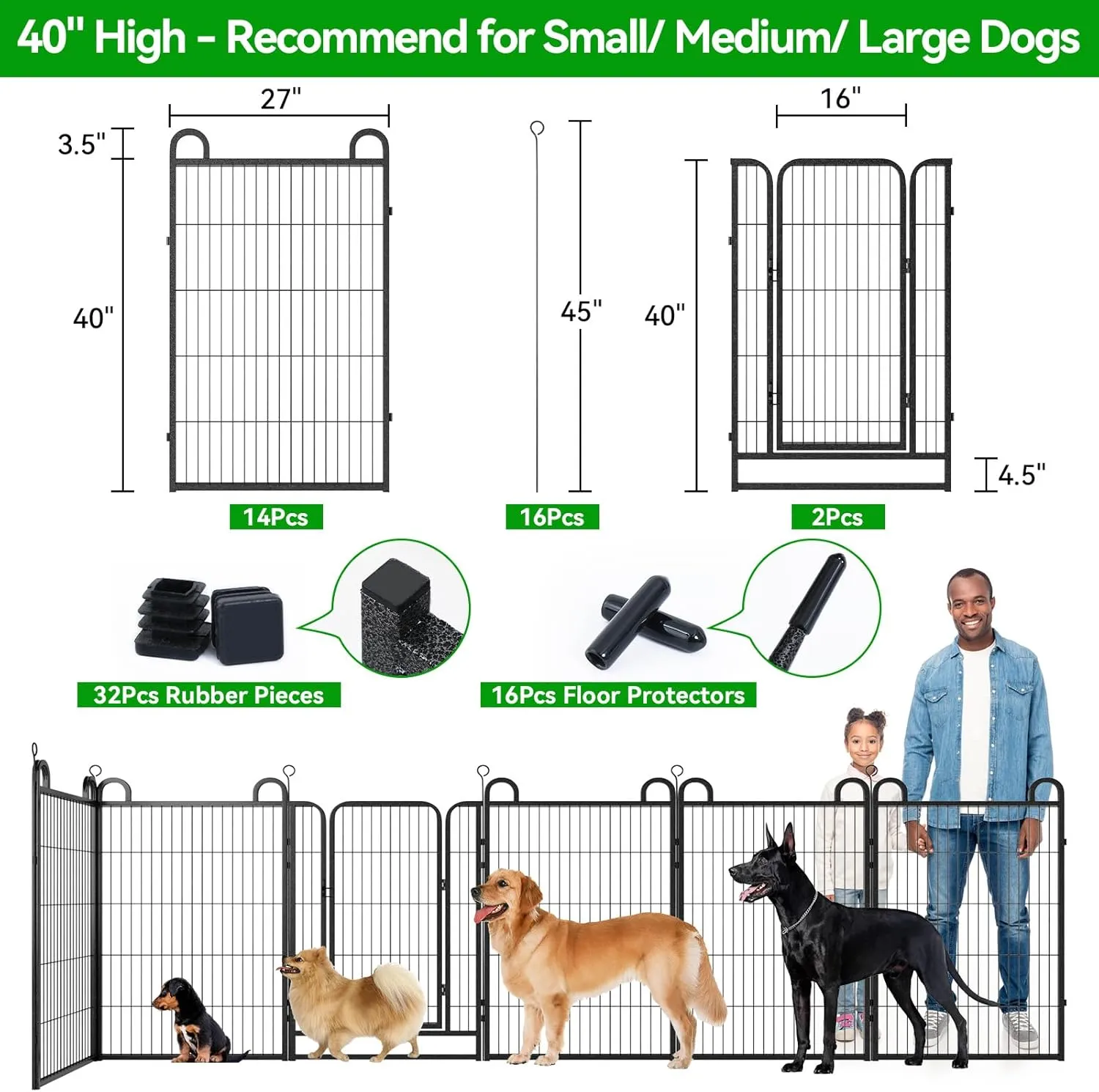 Dog Playpen Outdoor 16 Panels Heavy Duty Dog Fence 40" Height Anti-Rust with Doors Portable for RV Camping Yard, Total 36FT, 103 Sq.ft, Snowy Black