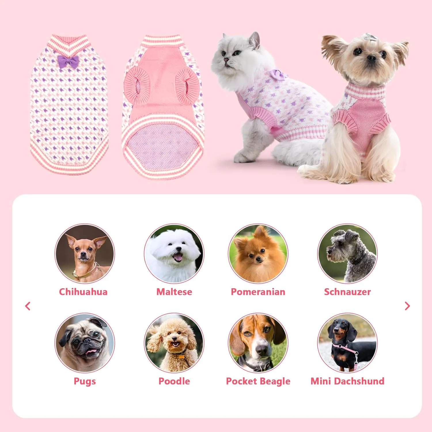 Dogs Sweater for Extra-Small Dog Girls, Soft Puppy Valentines Day Clothes Winter Weather Pet Outfit for Doggie Kitten Small XXS XS Cat Sweaters Apparel (Pink, S)