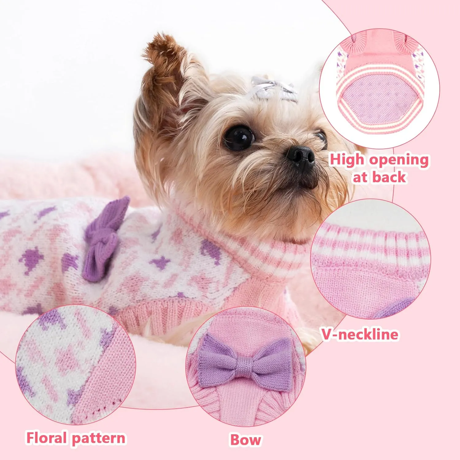 Dogs Sweater for Extra-Small Dog Girls, Soft Puppy Valentines Day Clothes Winter Weather Pet Outfit for Doggie Kitten Small XXS XS Cat Sweaters Apparel (Pink, S)