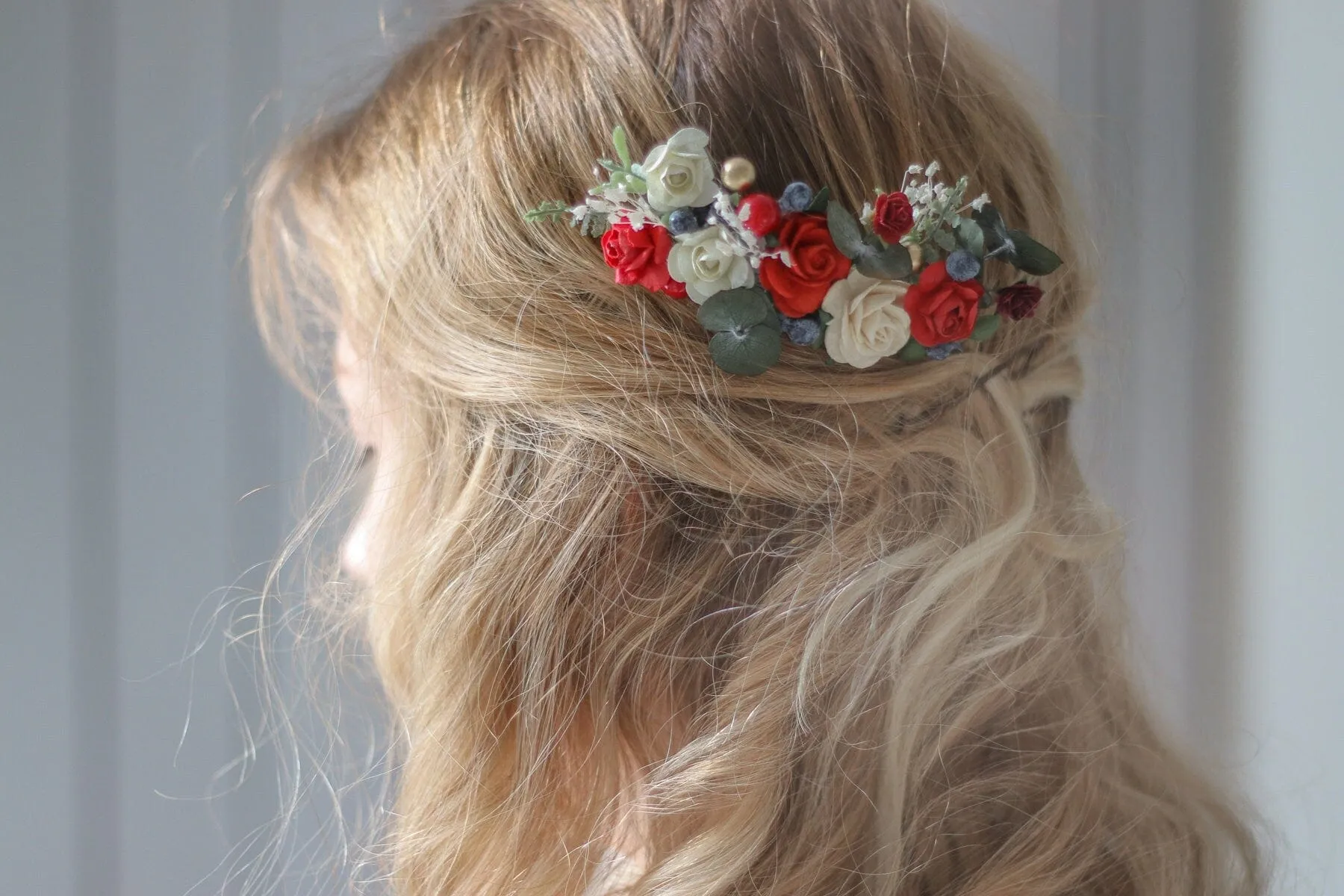 Eucalyptus comb, Bridal Comb with Red-Burgundy White Mulberry Paper Roses, Wedding Comb, Boho Bridal Comb