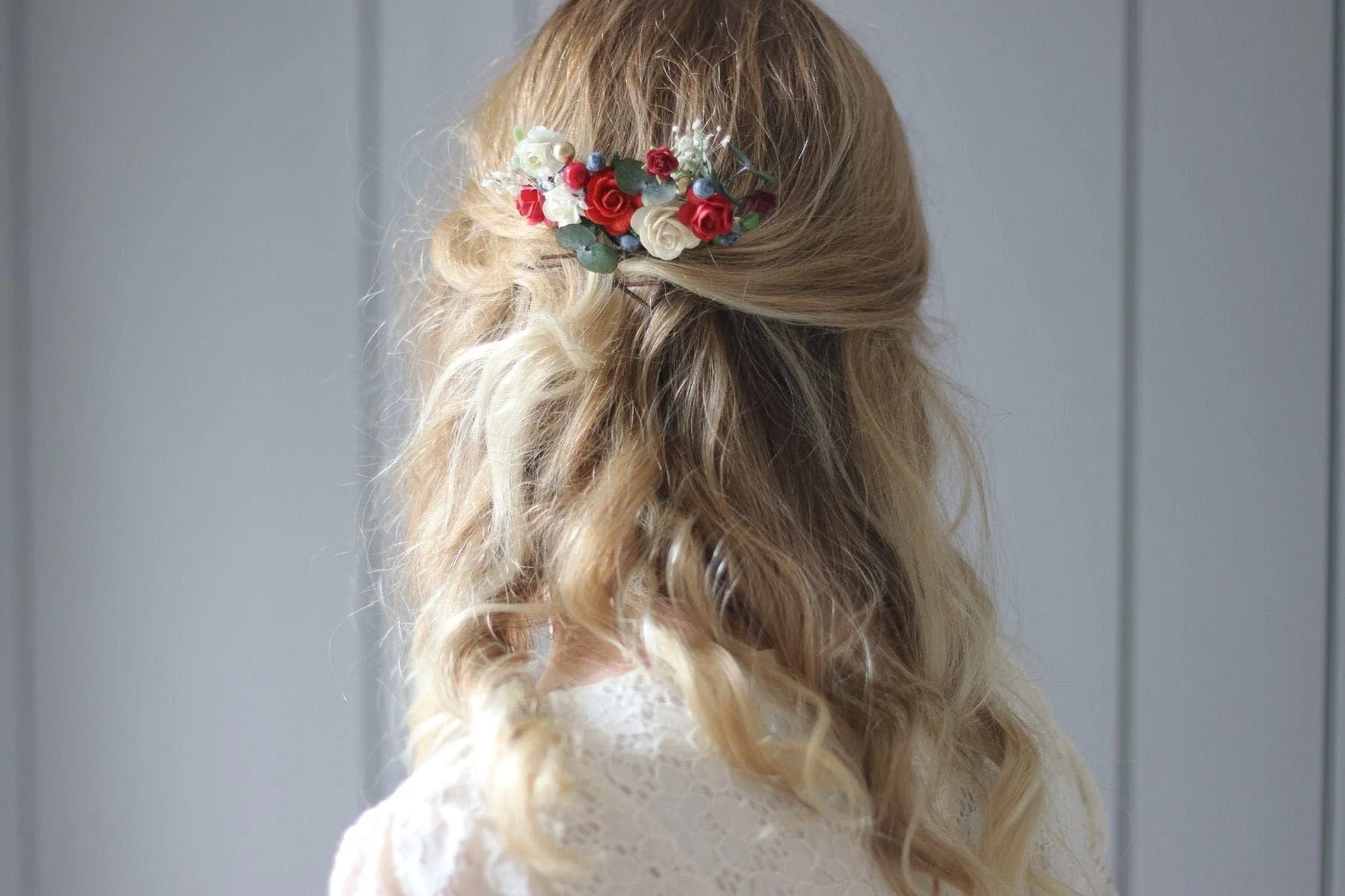 Eucalyptus comb, Bridal Comb with Red-Burgundy White Mulberry Paper Roses, Wedding Comb, Boho Bridal Comb