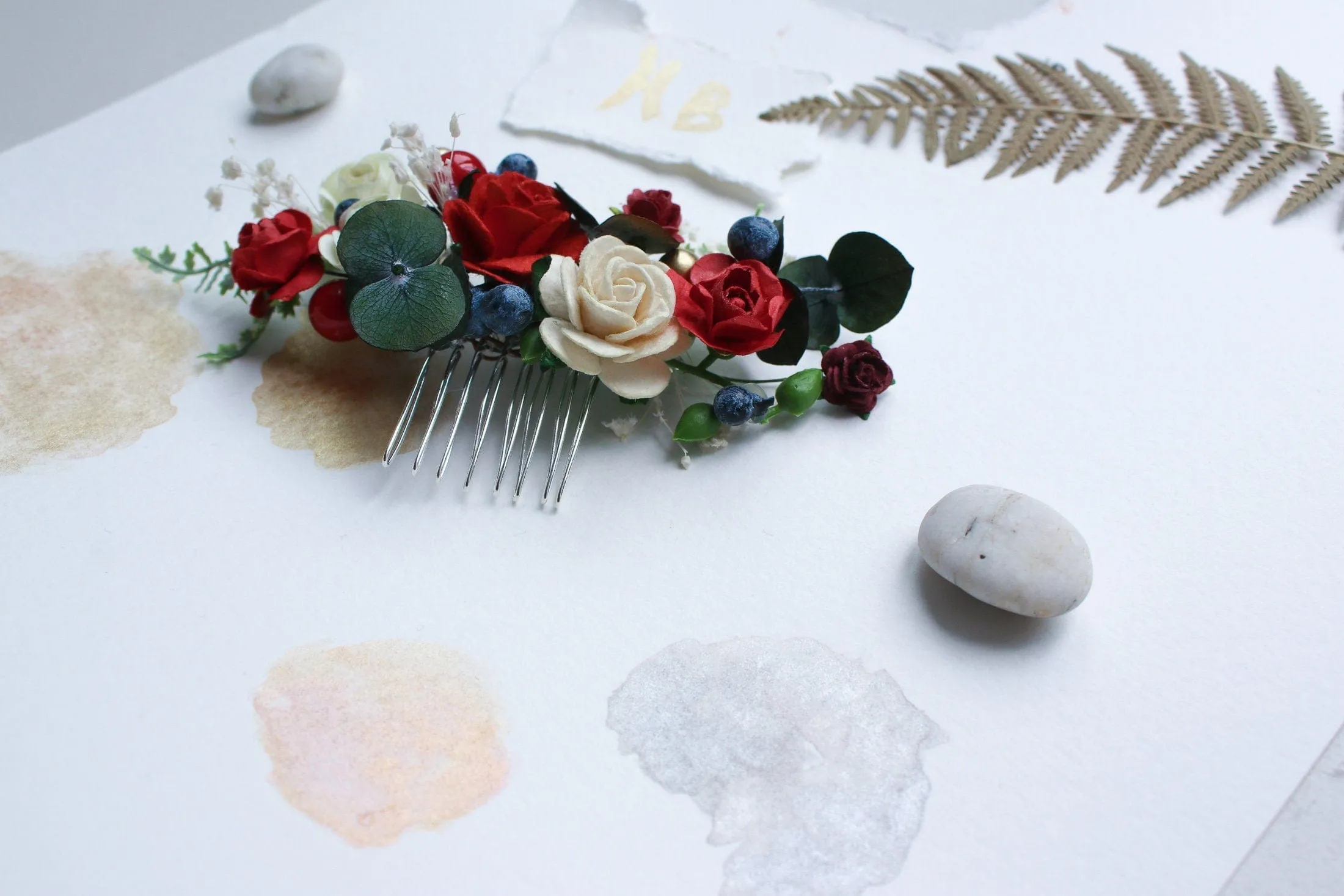 Eucalyptus comb, Bridal Comb with Red-Burgundy White Mulberry Paper Roses, Wedding Comb, Boho Bridal Comb