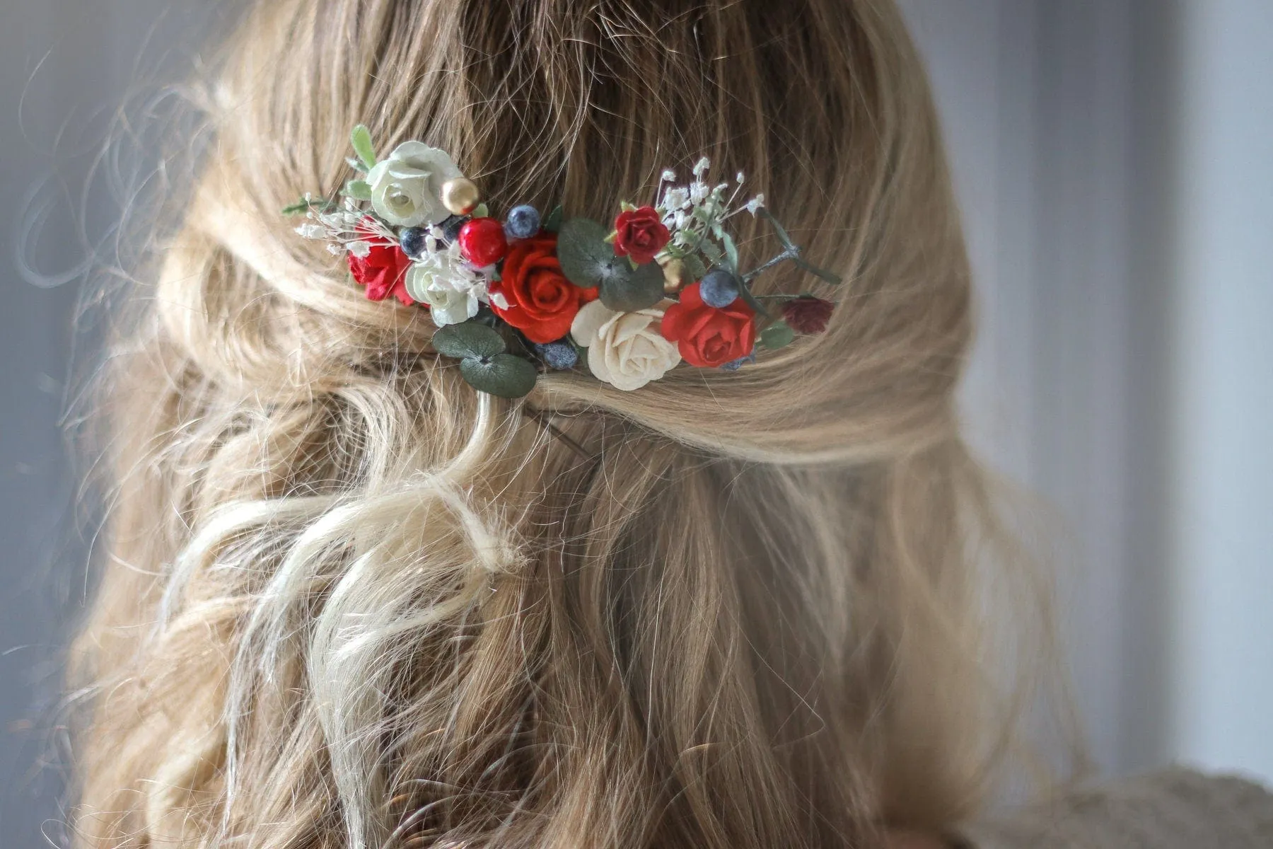 Eucalyptus comb, Bridal Comb with Red-Burgundy White Mulberry Paper Roses, Wedding Comb, Boho Bridal Comb