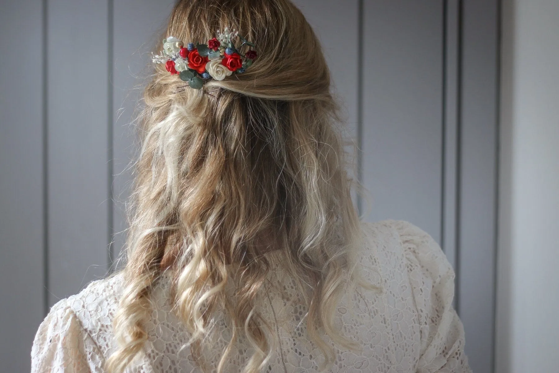 Eucalyptus comb, Bridal Comb with Red-Burgundy White Mulberry Paper Roses, Wedding Comb, Boho Bridal Comb