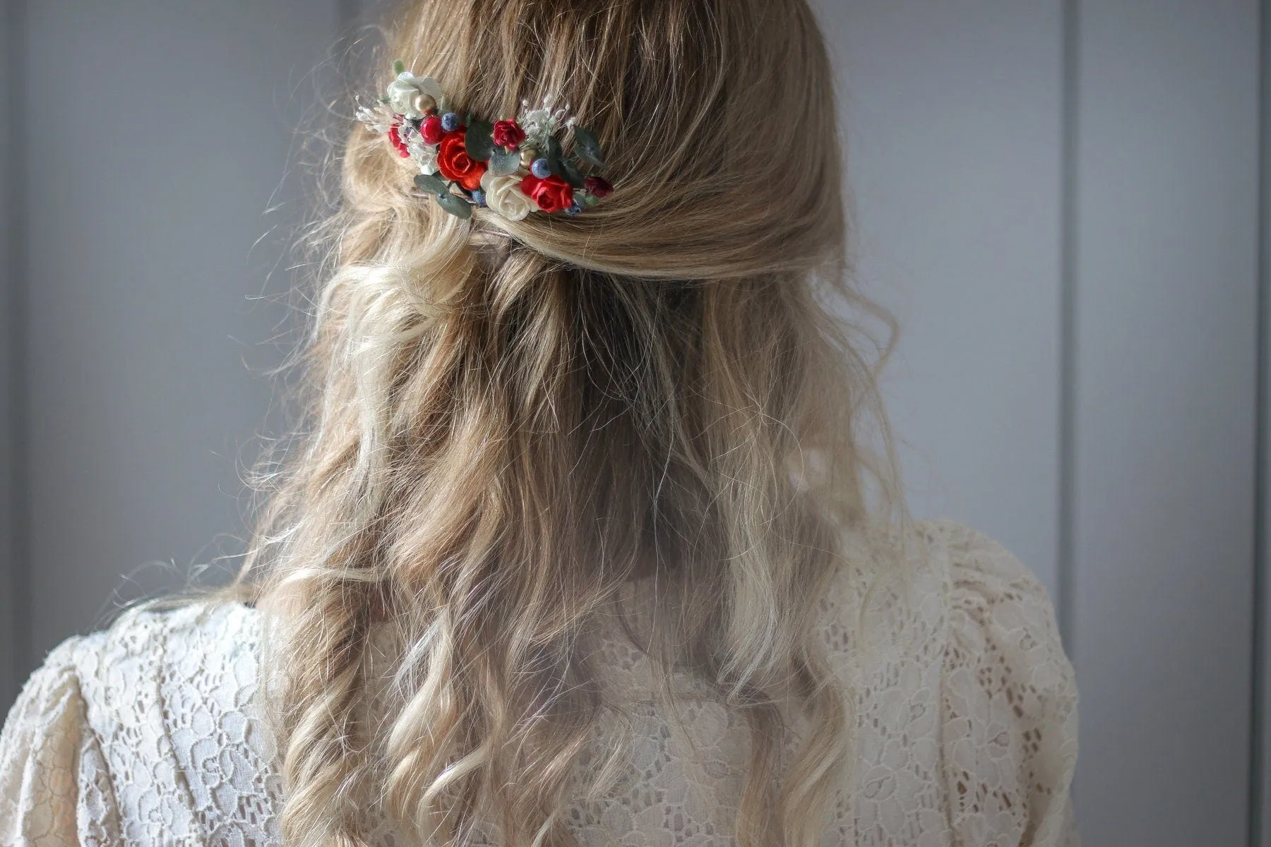Eucalyptus comb, Bridal Comb with Red-Burgundy White Mulberry Paper Roses, Wedding Comb, Boho Bridal Comb