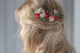 Eucalyptus comb, Bridal Comb with Red-Burgundy White Mulberry Paper Roses, Wedding Comb, Boho Bridal Comb