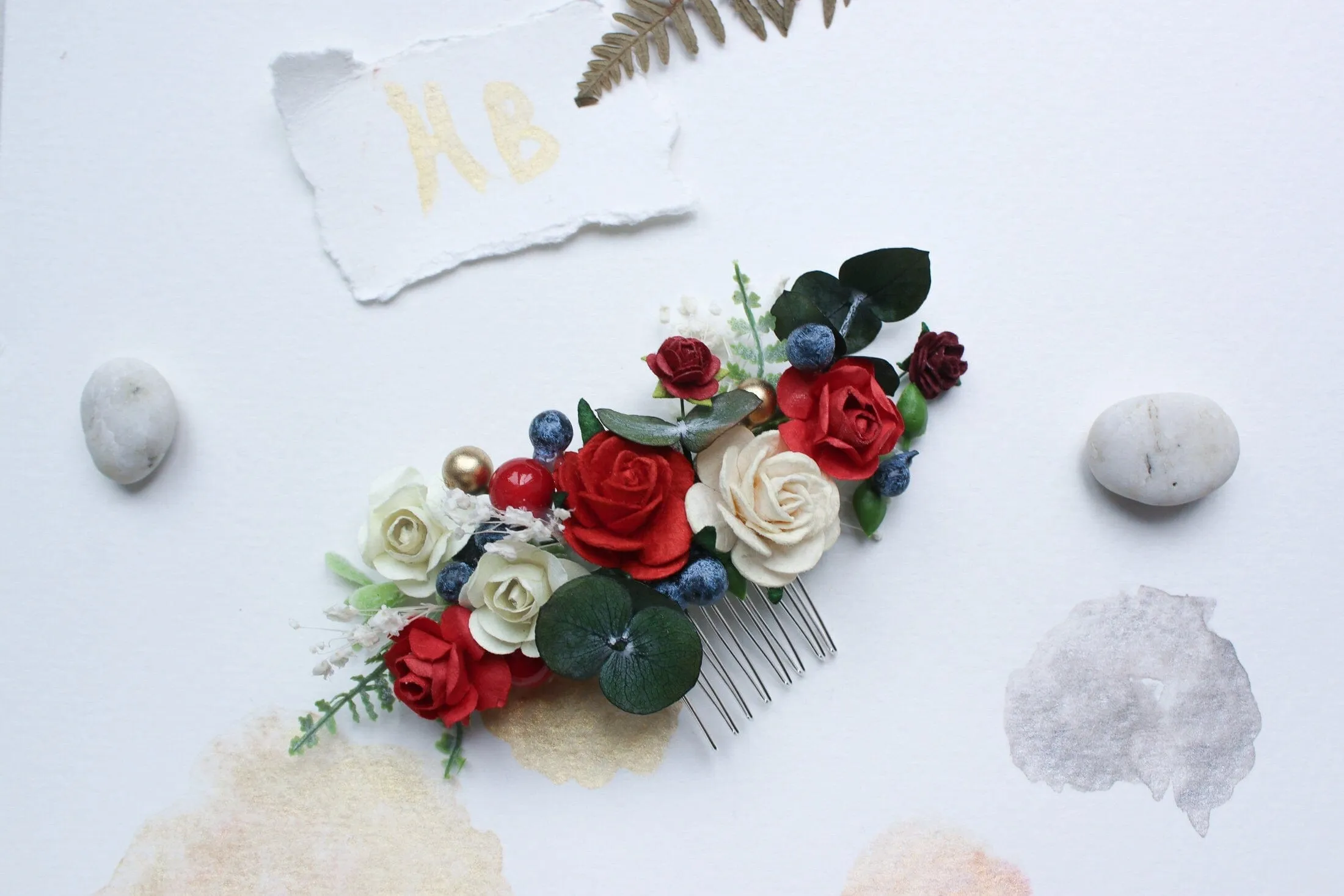 Eucalyptus comb, Bridal Comb with Red-Burgundy White Mulberry Paper Roses, Wedding Comb, Boho Bridal Comb