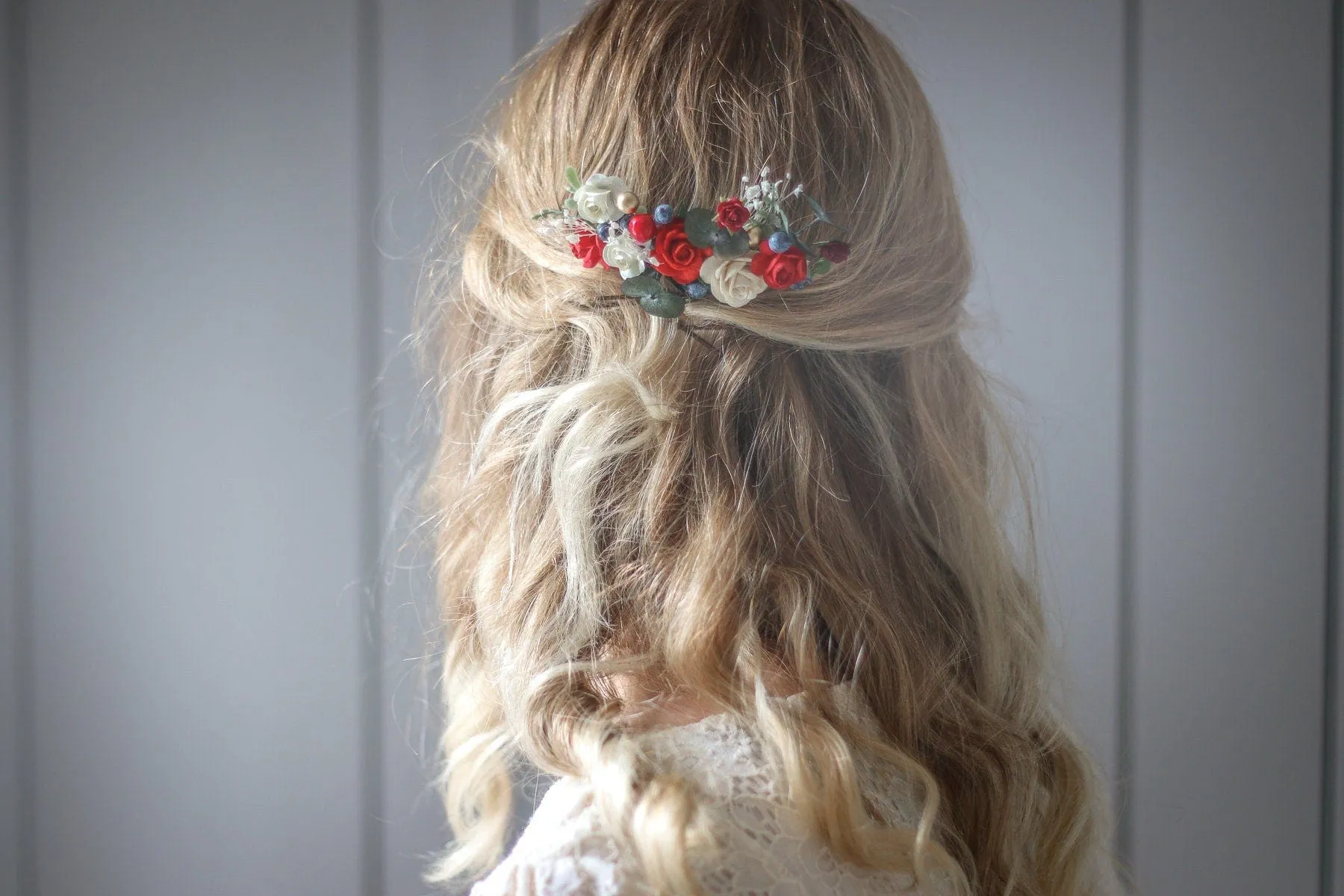 Eucalyptus comb, Bridal Comb with Red-Burgundy White Mulberry Paper Roses, Wedding Comb, Boho Bridal Comb