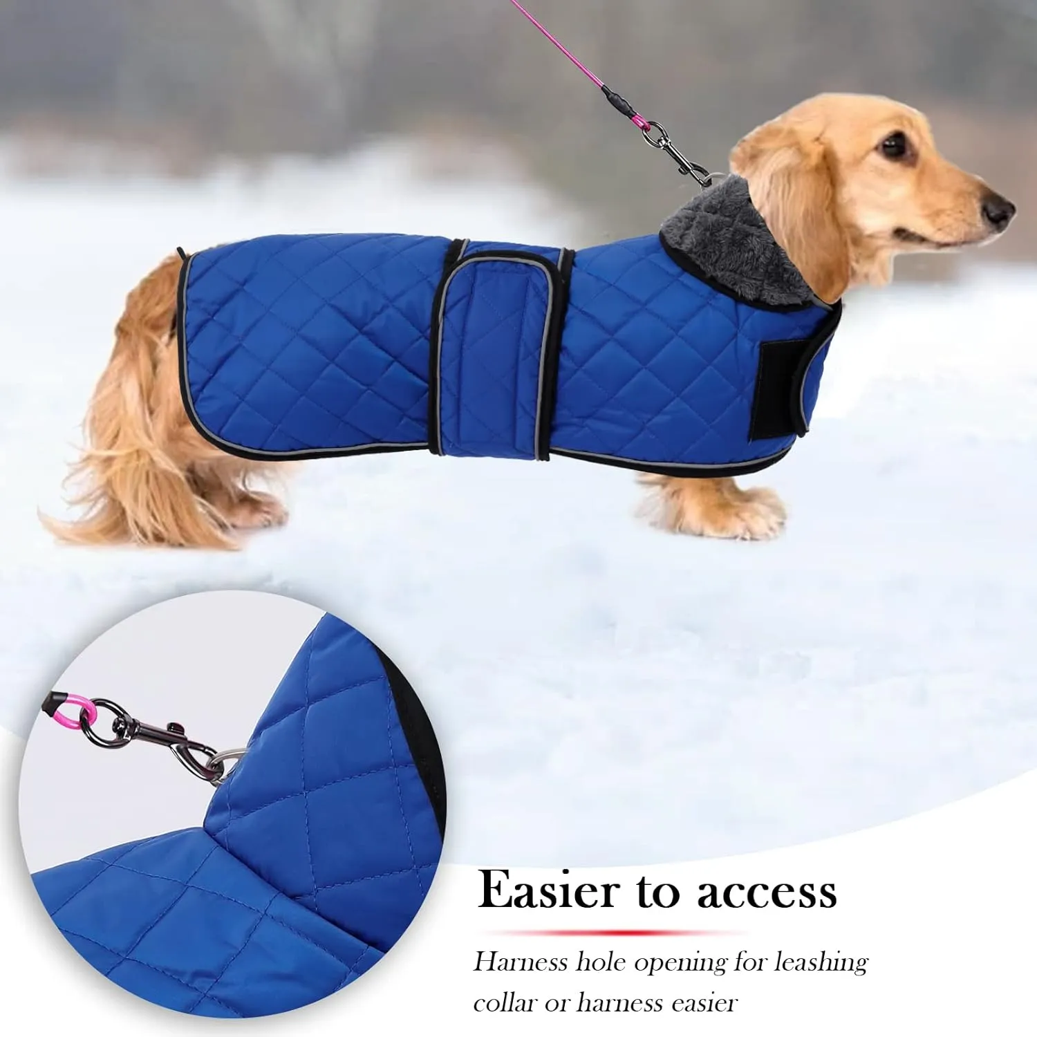 Geyecete Warm Thermal Quilted Dachshund Coat, Dog Winter Coat with Warm Fleece Lining, Outdoor Dog Apparel with Adjustable Bands for Medium, Large Dog-Blue-S