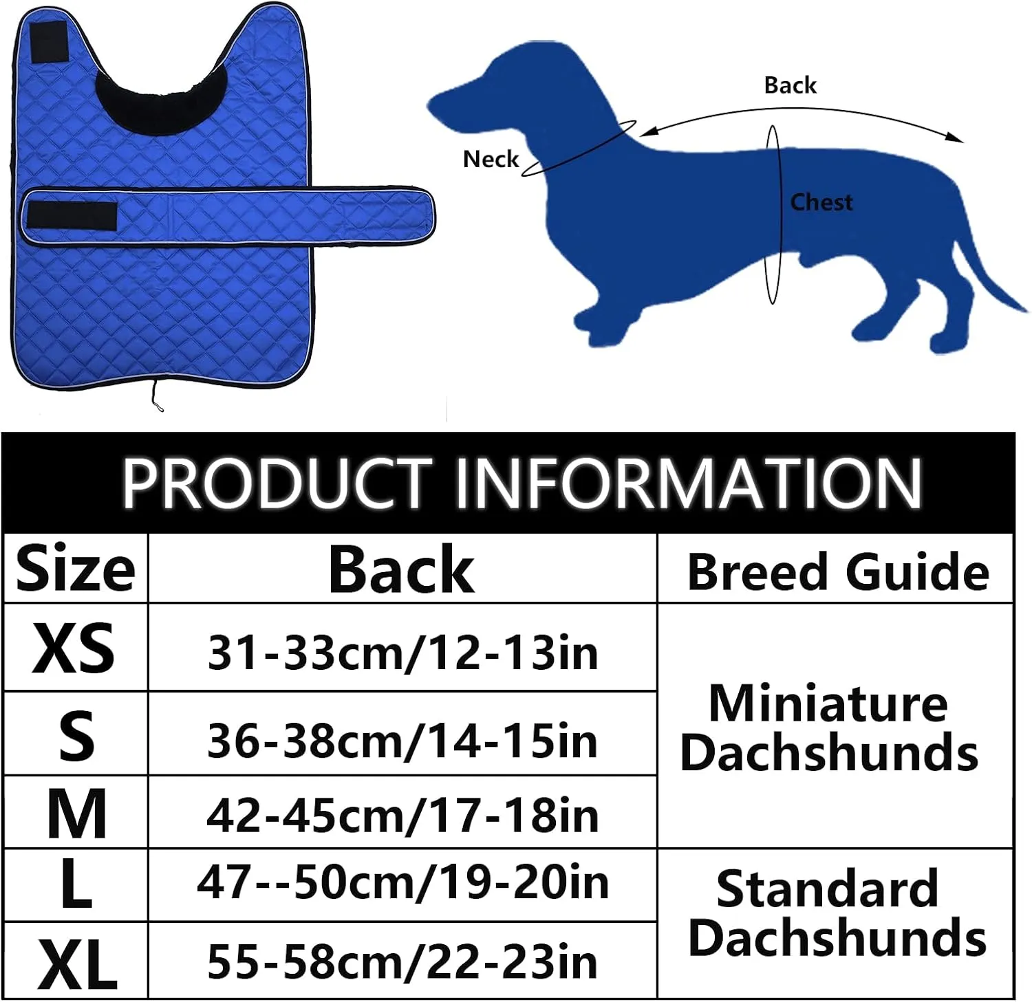 Geyecete Warm Thermal Quilted Dachshund Coat, Dog Winter Coat with Warm Fleece Lining, Outdoor Dog Apparel with Adjustable Bands for Medium, Large Dog-Blue-S
