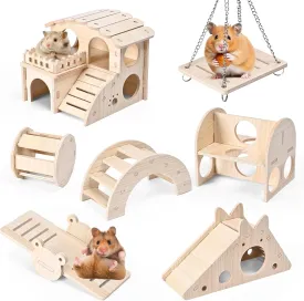 Hamster Toys 7pcs Wooden Hamster Cage Accessories Include Hamster Cage Hamster House,Ball,Seesaw Bridge Hamster Hideout Hamster Swing and Exercise Toys for Hamster,Guinea Pig and Other Small Animals