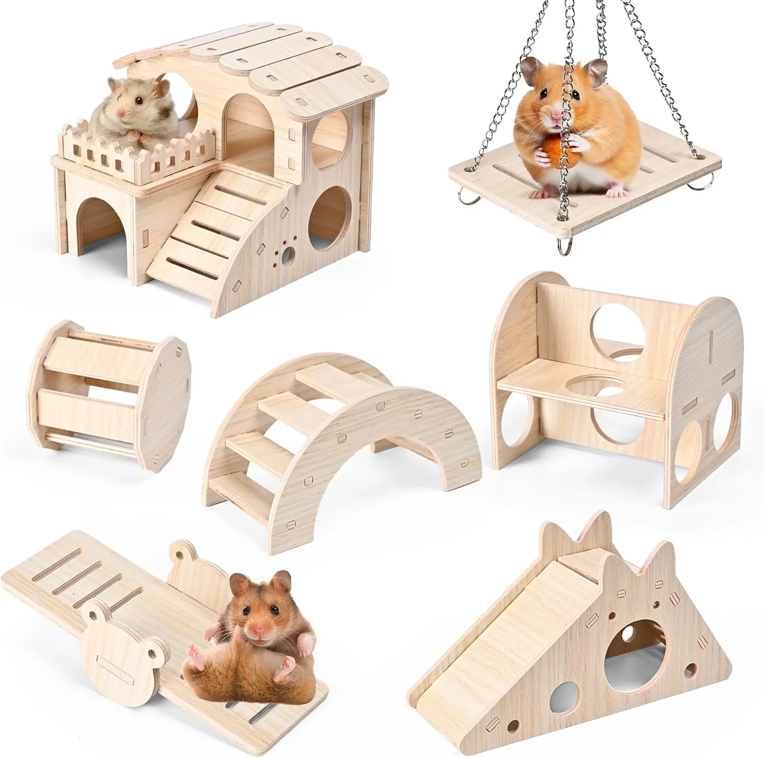 Hamster Toys 7pcs Wooden Hamster Cage Accessories Include Hamster Cage Hamster House,Ball,Seesaw Bridge Hamster Hideout Hamster Swing and Exercise Toys for Hamster,Guinea Pig and Other Small Animals