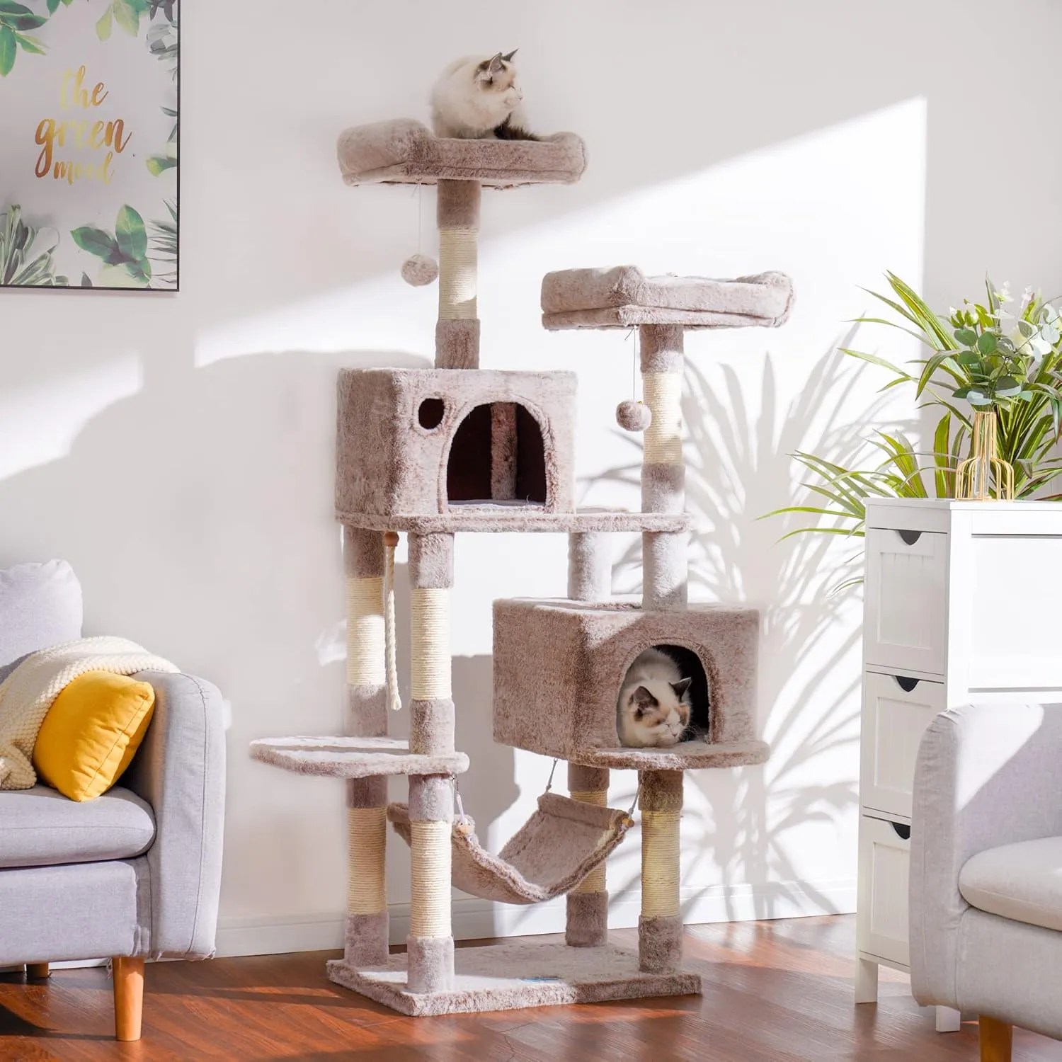 Hey-brother Large Multi-Level Cat Tree Condo Furniture with Sisal-Covered Scratching Posts, 2 Bigger Plush Condos, Perch Hammock for Kittens, Cats and Pets, Muchroom MPJ020MU