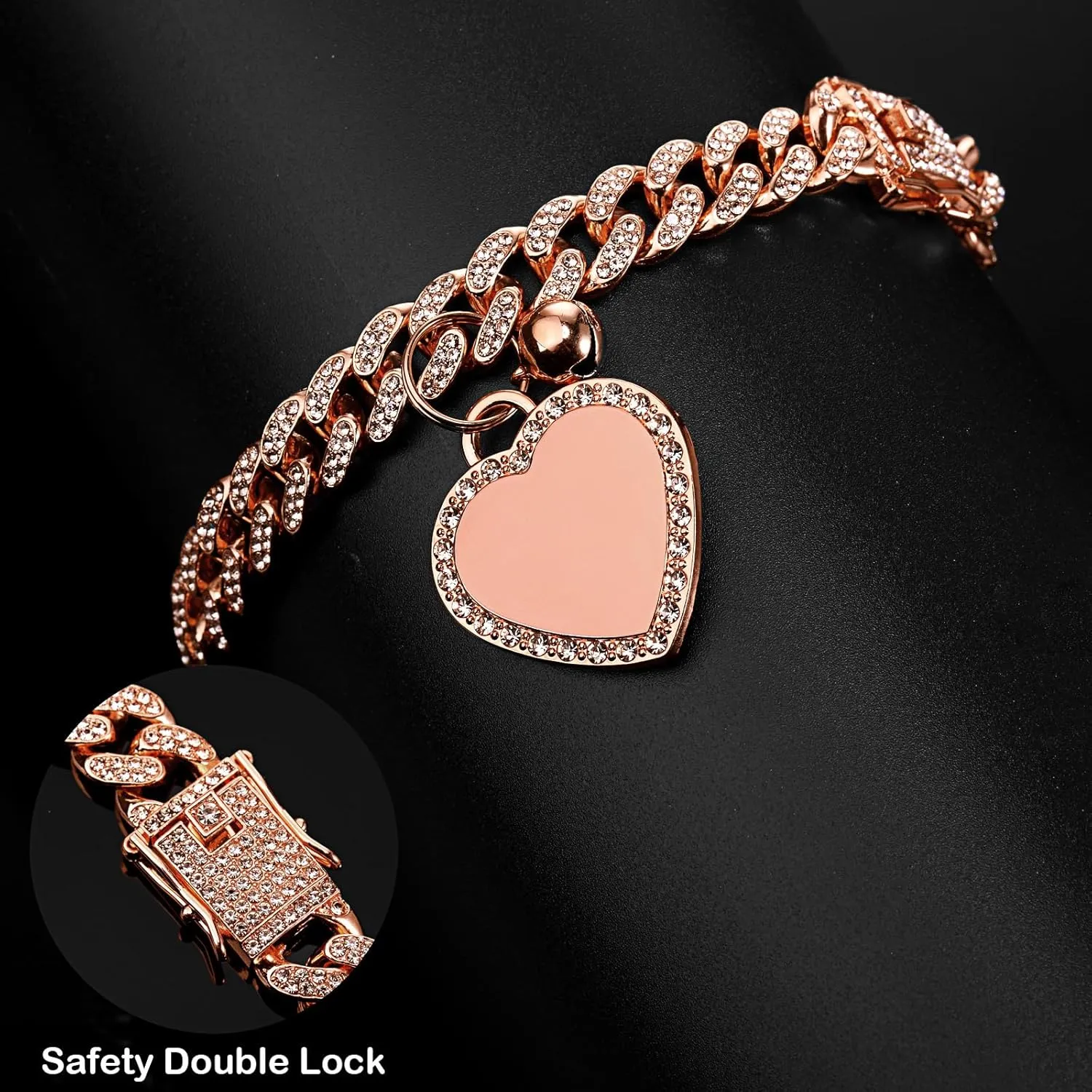 Hillban Dog Chain Gold-Plated Diamond Collar with Heart Rhinestones Jewelry Pet ID Tag Chain Heart Bling Collar with Personalized Name Tag for Small Medium Large Dogs Cats(Rose Gold,14 Inch)