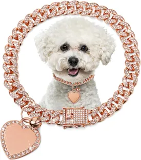 Hillban Dog Chain Gold-Plated Diamond Collar with Heart Rhinestones Jewelry Pet ID Tag Chain Heart Bling Collar with Personalized Name Tag for Small Medium Large Dogs Cats(Rose Gold,14 Inch)