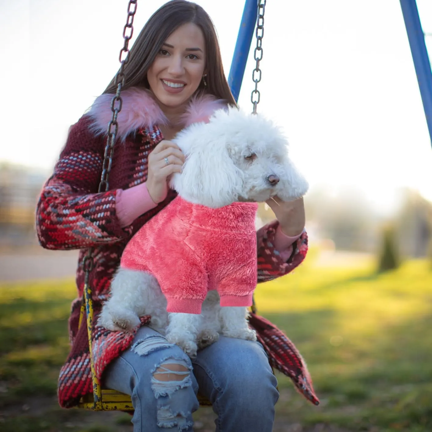 Idepet Velvet Dog Pajamas, Turtleneck Dog Sweater Fuzzy Plush Onesie Soft Cat Apparel Pet Clothes Winter Outfit Doggy Pjs Puppy Jumpsuit for Small Dogs Cats (Rosered,XL)