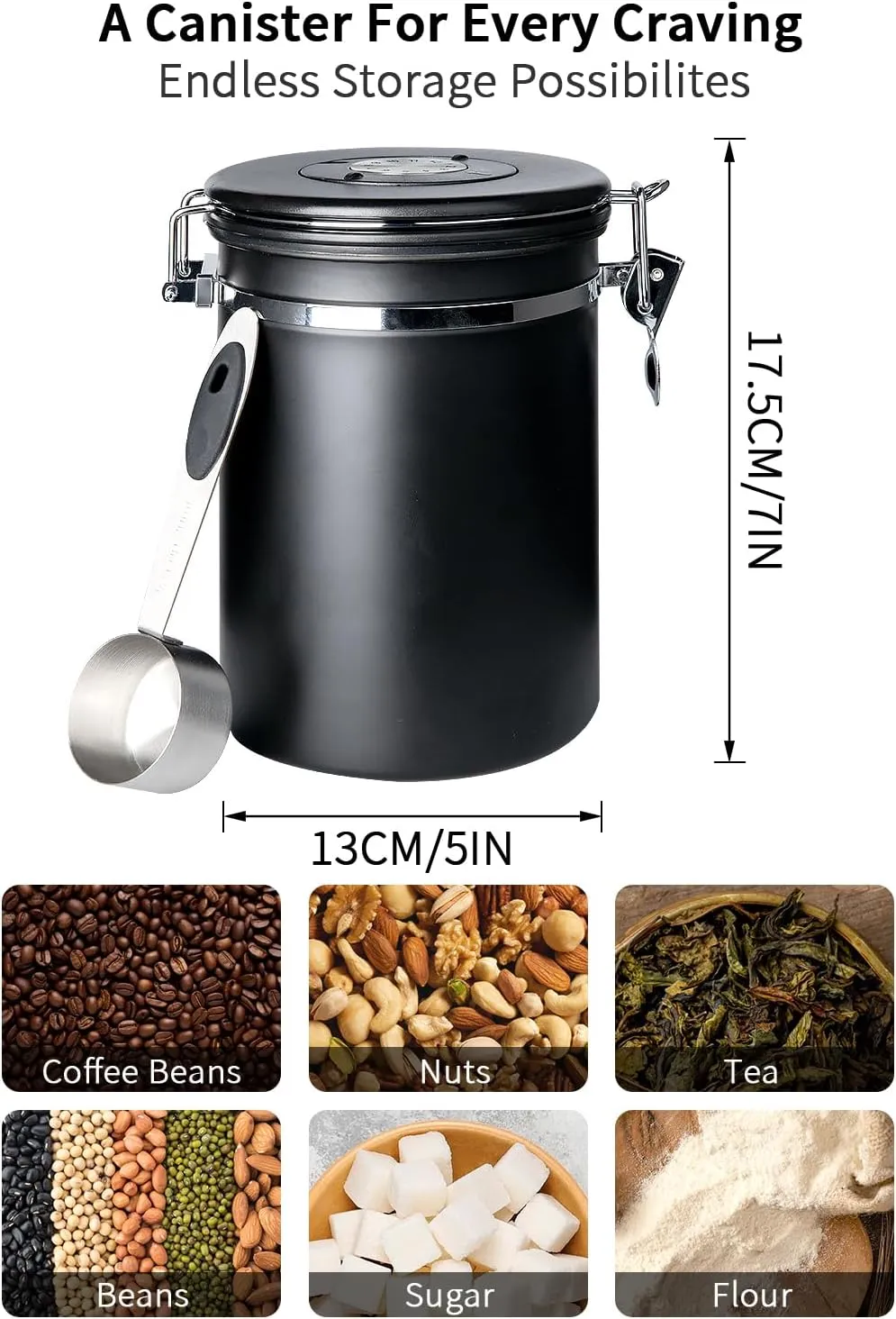 INFTYLE Coffee Canister with Airtight Lid, 22oz, 60 fl oz White, Stainless Steel Air Tight Lid Container with Date Tracker and Scoop Food Storage Jar for Grounds Coffee, Beans, Flour, Cereal (Black)