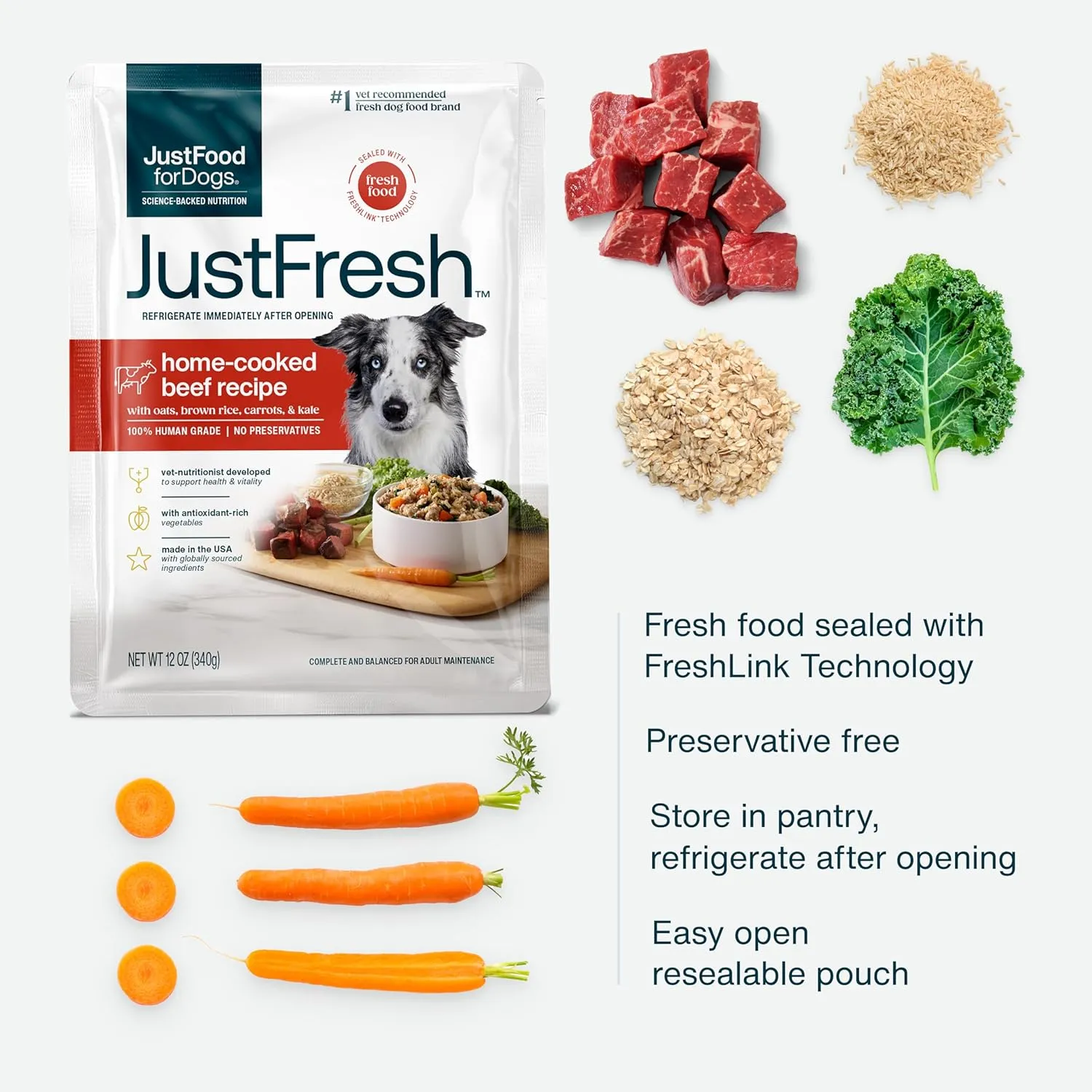 JustFoodForDogs JustFresh Home-Cooked Beef Dog Food with No Preservatives, Resealable Package, Human Grade Wet Dog Food, 12 oz - 7 Pack
