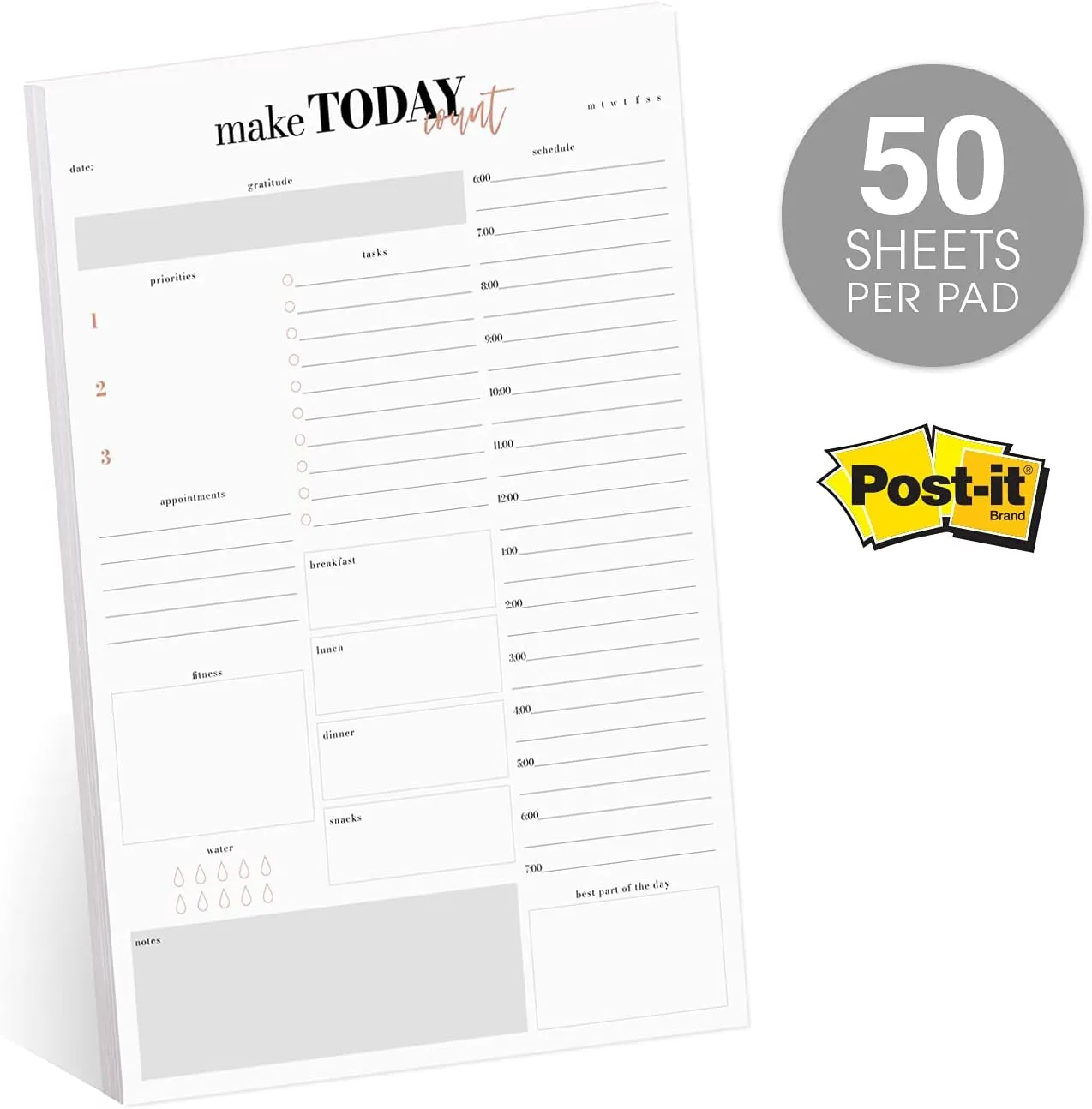 Make Today Count Daily to Do Pad / 8" x 11.5" Sticky Note Fill in Task Tracker/Chic Design/Modern Organizational Lists